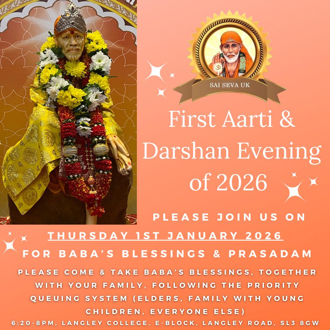 Join us for the first prayer evening of the year on Thursday 1st January for Aarti and Prasadum ๐๐ผ
Jai Sai Ram ๐๐ผ