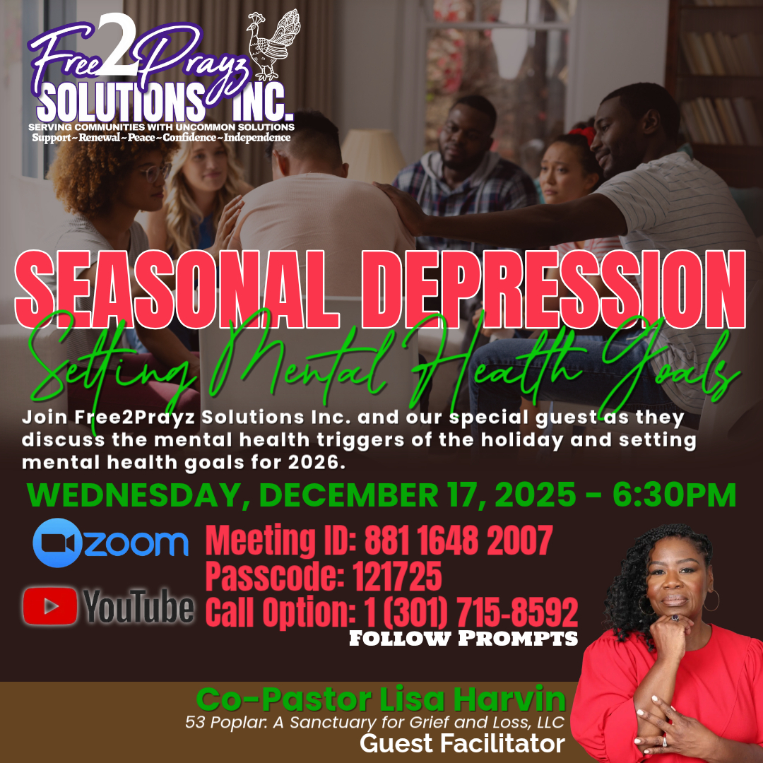 Unlock Your Inner Strength! 🌟 Join us next Wednesday, 12/17, at 6:30pm for a life-changing conversation about shattering the chains of Seasonal Depression and setting empowering Mental Health Goals that will propel you towards a brighter tomorrow! Our amazing Guest Co-Facilitator, Co-Pastor Lisa Harvin, will illuminate the path to a more radiant you. Invite friends who need a beacon of hope and encouragement this season. We'll share the Zoom Link on the day of the event for effortless access. Let's soar to new heights together! 💕