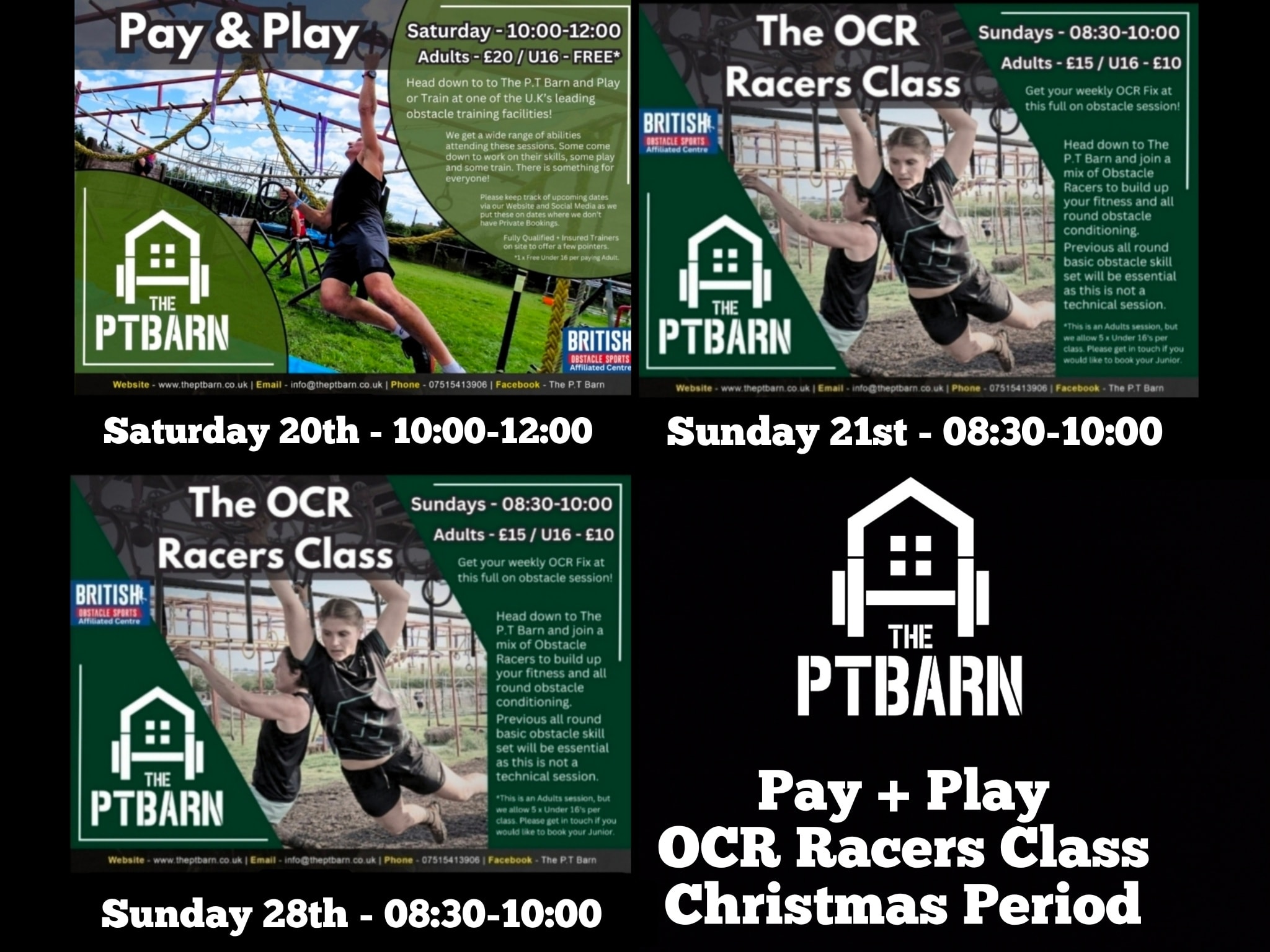 We will be opening up over Christmas for Pay & Play as well as the OCR Racers Class.
We hope to see lots of you down!
Drop us a message for booking info!