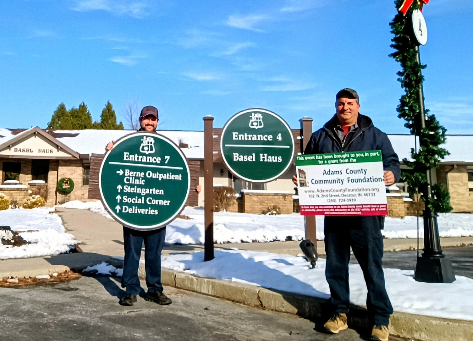 The ACCF is pleased to announce that Swiss Village was recently awarded a grant for new campus signage. Swiss Village retirement facility, located in Berne, IN, reports visitors, delivery drivers, and EMS drivers have had difficult times finding their destination. In efforts to decrease confusing misdirection, Swiss Village updated the Swiss Village Campus signage in the Healthcare and Rehab parking lots as well as off Highway 218.
Chad Miller, Head Groundskeeper at Swiss Village and grant writer, expressed appreciation to the ACCF for this support for the Swiss Village Campus signage. Dan Claghorn, ACCF grants committee member, added that the ACCF is proud to be able to support Swiss Village and their residents.
The ACCF grants were made possible through unrestricted funds sponsored by the Daniel Niblick and Ricky Stucky Community Enrichment Fund.