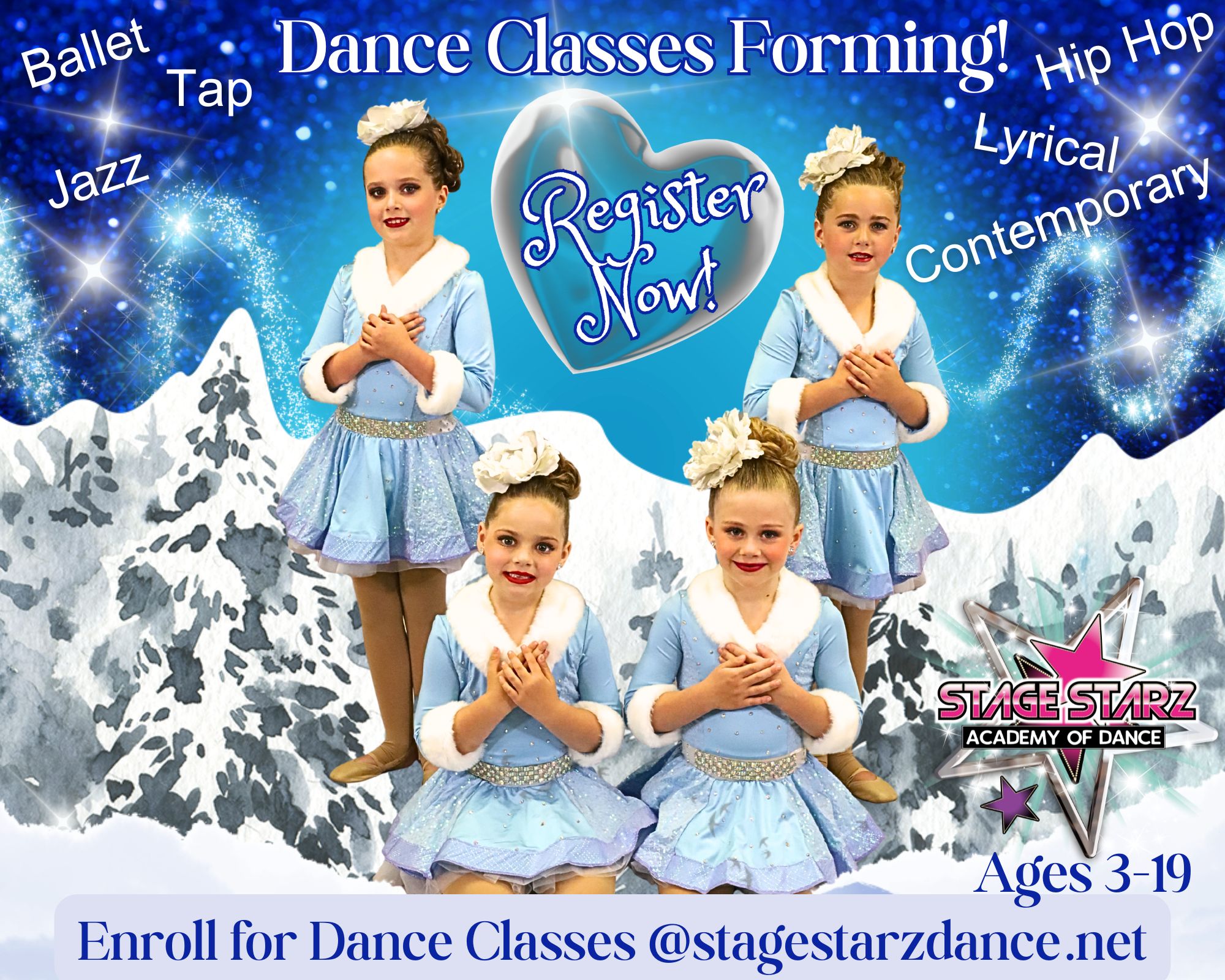 Hurry! Don't miss out. Our six-month winter program of classes begins January 5th!
Register online by January 4th, or by December 25th to give the gift that keeps on giving for Christmas! We will email you a digital personalized printable gift certificate!
Visit stagestarzdance.net to view and enroll your child/grandchild (great gift from grandparents) in our Tap, Jazz, and/or Ballet classes for Preschool ages 3-4; or Tap, Jazz, or Ballet for Primary ages 5-7; or Tap, Jazz, or Ballet for Elementary ages 8-11, and also Hip Hop for ages 8-11.
Have questions?
Email: stagestarzdance@aol.com
Text: 734-497-3740
Merry Christmas!