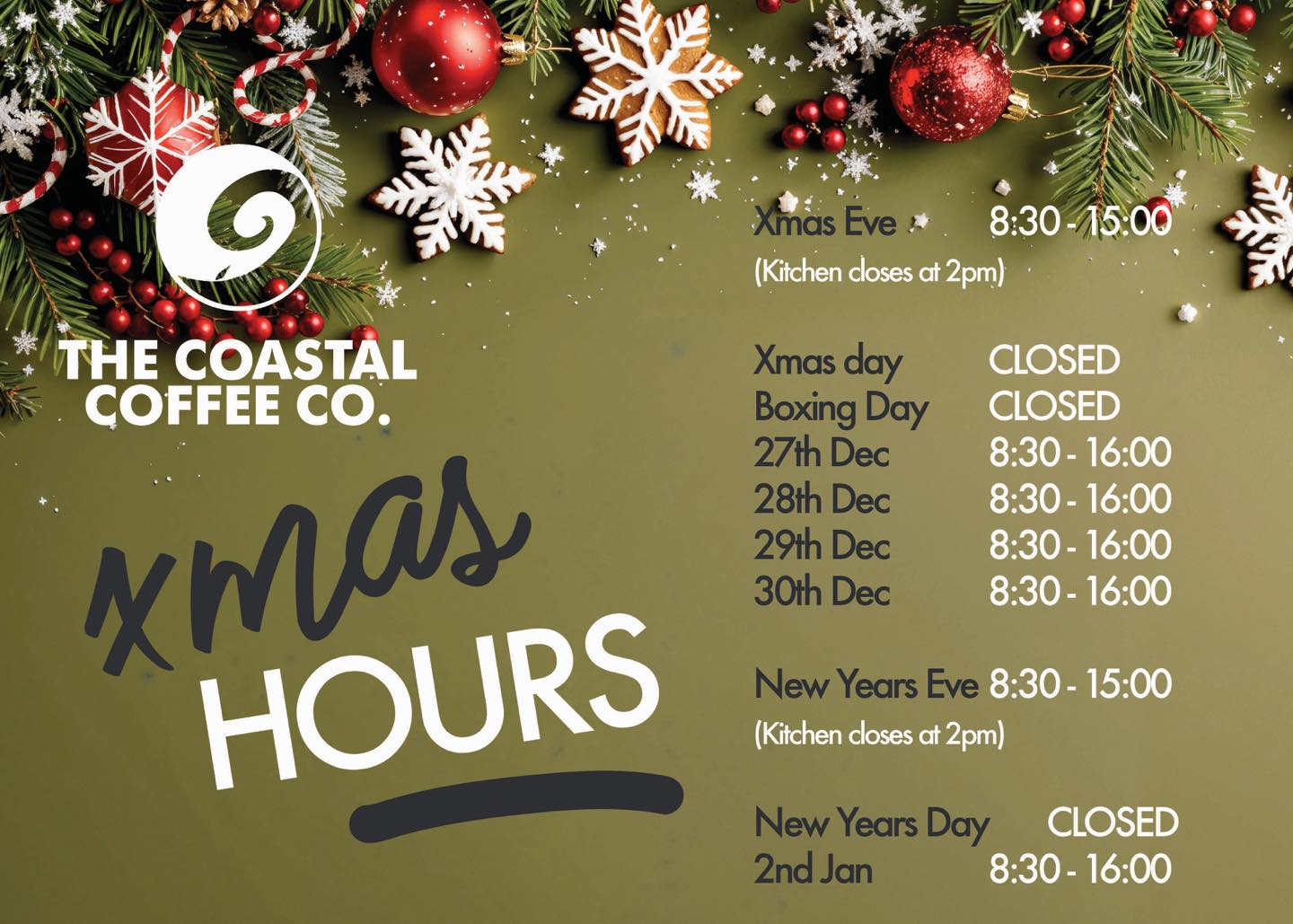 Coastal coffee Rustington opening hours for Xmas!