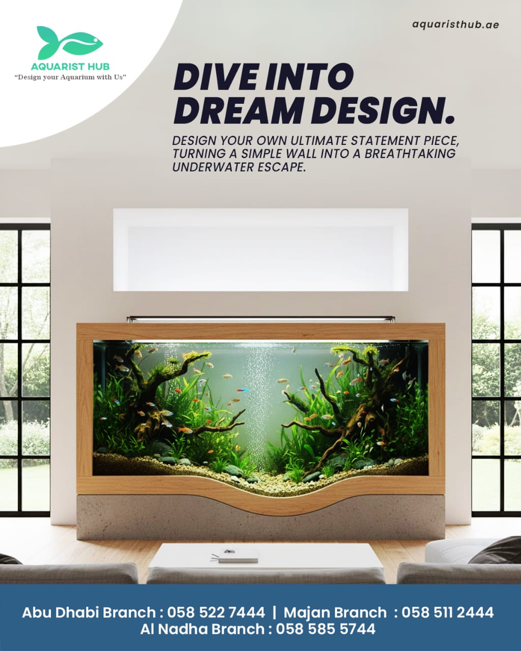 🌊✨ Transform Your Space with Custom Dream Aquariums | Aquarist Hub
Step into a world where design meets nature. At Aquarist Hub, we bring your imagination to life with custom-designed aquariums that turn any wall, office, or living room into a stunning underwater masterpiece.
Whether you prefer a minimal modern layout, a lush planted aquascape, or a vibrant fish habitat, our expert designers craft aquariums that enhance your interior and create a calming, luxurious ambiance.
🔥 Why Choose Aquarist Hub?
✔ Tailor-made aquarium designs
✔ High-quality materials & craftsmanship
✔ Professional installation & maintenance
✔ Perfect for homes, offices & commercial spaces
✔ Aesthetic enhancement + relaxing environment
Dive into creativity and let your space tell a story—your dream aquarium begins here.
📍 Branches
Abu Dhabi: 058 522 7444
Majan: 058 511 2444
Al Nadha: 058 585 5744
🌐 aquaristhub.ae
#AquaristHub #AquariumDesign #CustomAquarium #UnderwaterEscape #Aquascape #InteriorDesignUAE #LuxuryAquarium #HomeDecorIdeas #AquariumLovers #Aquascaping #ModernInteriors #OfficeDecor #AquariumArt #DubaiHomes #AbuDhabiInteriors #DreamDesign #WallAquarium #AquariumExperts
