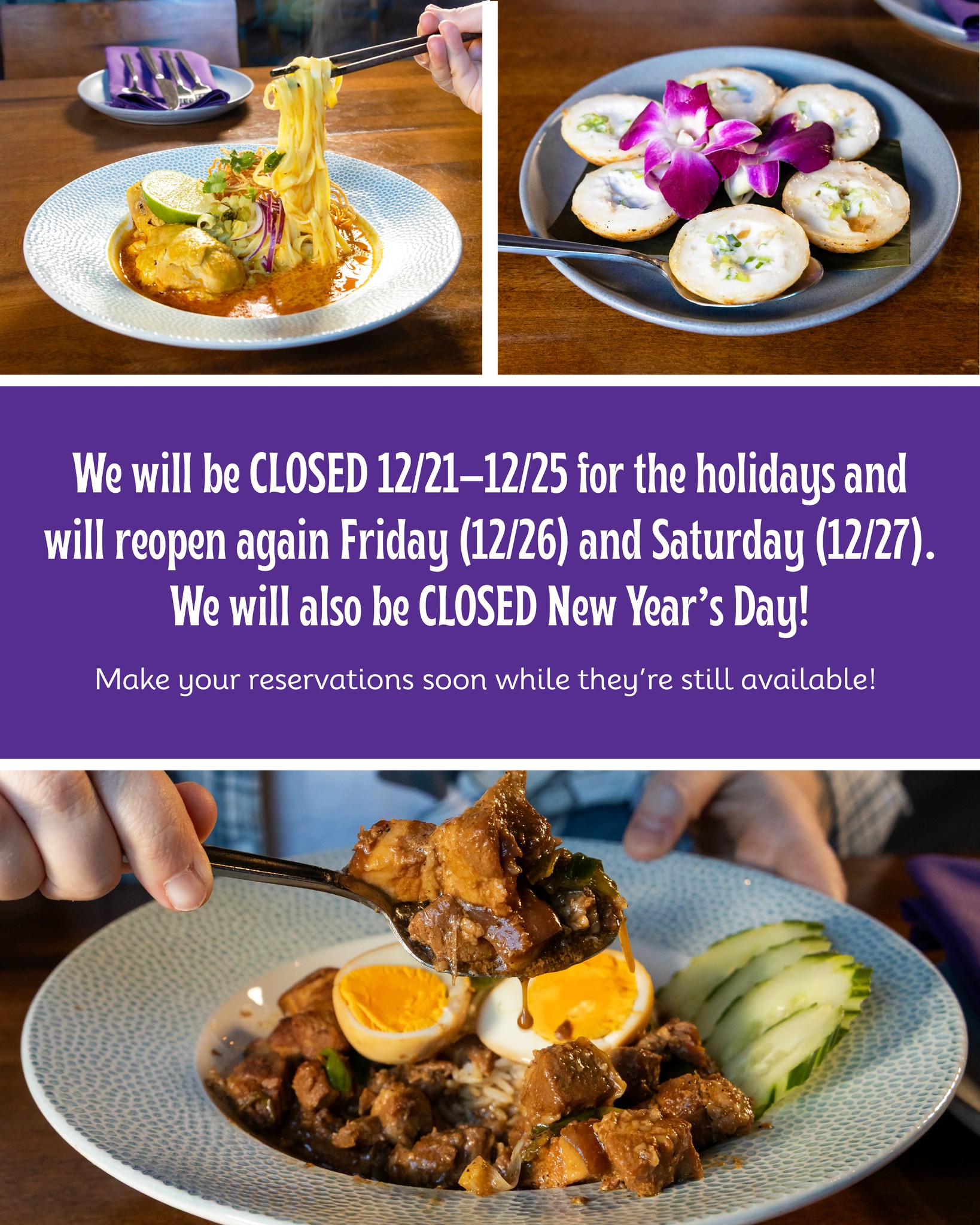 As we head into the holidays, here’s a quick update to our schedule! 🎄
We’ll be closed 12/21–12/25 to allow time for our team to celebrate with their families. We will reopen again Friday (12/26) and Saturday (12/27). Come in for a post-Christmas meal with your family!
We’ll also be closed on New Year’s Day, and reservations for New Year’s Eve are filling up fast!�If you’re planning a visit this holiday season, we recommend making a reservation soon to secure your spot. We’d love to celebrate with you before the year wraps up! ✨
Reserve your table here 👉 : www.exploretock.com/house1830
.
southeast asian food, southeast asian cuisine, asian food, asian cuisine, asian flavors, Thai food, Vietnamese food, Lao food, local eats, downtown rogers, NWA, Northwest Arkansas, food scene, local restaurant, local eats
