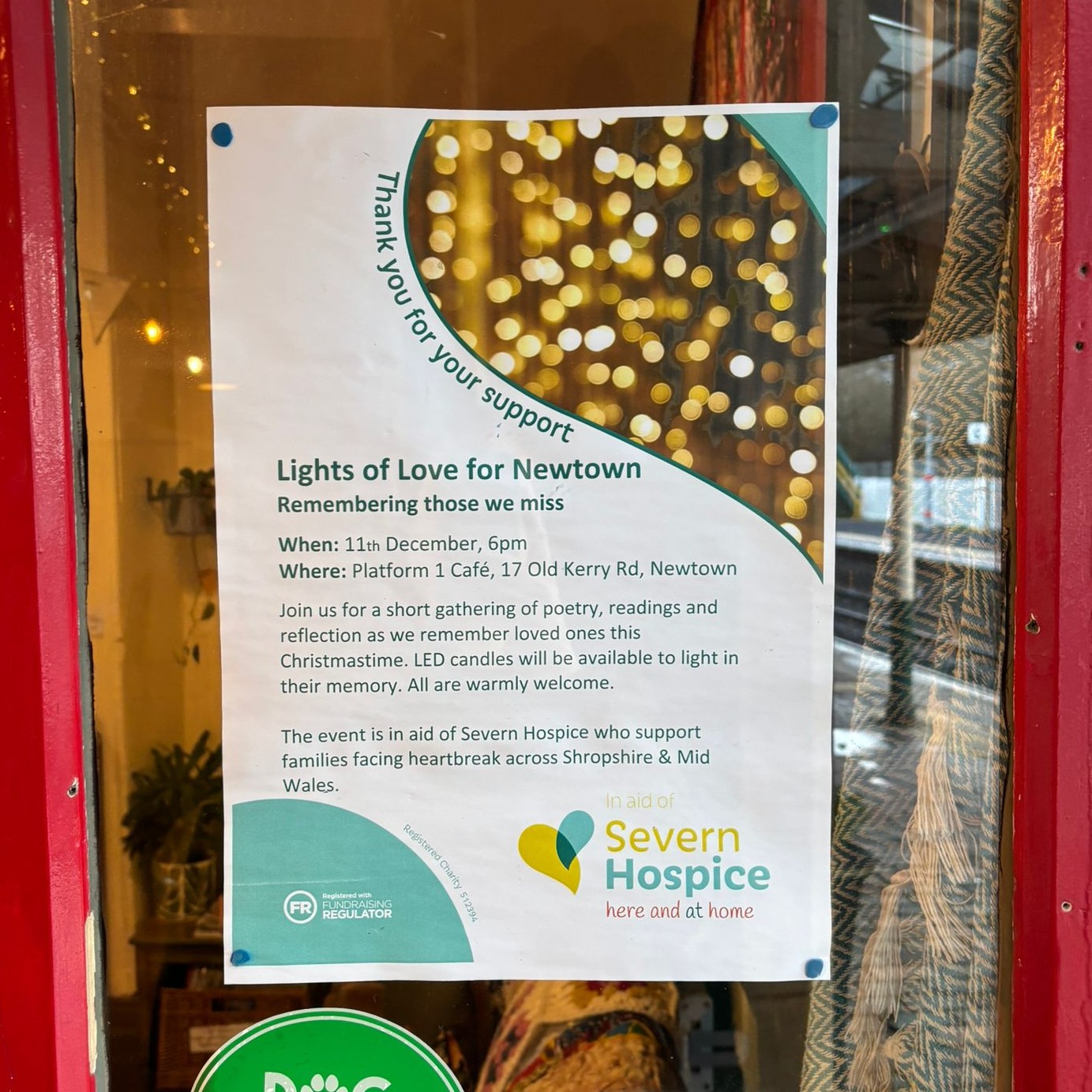 🕯️✨ Lights of Love for Newtown ✨🕯️
Join us on Thursday 11th December at 6pm at Platform 1 Café for a special remembrance event held in partnership with Severn Hospice.
Come light a candle and remember a loved one this Christmas time. Everyone is welcome. 💛
#LightsOfLove #Newtown #SevernHospice #Platform1Cafe #RememberingLovedOnes #Community #ChristmasRemembrance #TogetherWeRemember S@severn_hospice Severn Hospice
🕯️✨ Goleuadau Cariad dros Drefnewydd ✨🕯️
Ymunwch â ni ar Dydd Iau 11 Rhagfyr am 6pm yn Caffi Platform 1 ar gyfer digwyddiad coffa arbennig mewn partneriaeth â Hosbis Hafren.
Dewch i gynnau cannwyll ac i gofio rhywun annwyl yr adeg Nadolig hon. Croeso i bawb. 💛
#GoleuadauCariad #Trefnewydd #HosbisHafren #CaffiPlatform1 #CofioAnnwyl #Cymuned #CofNadoligaidd #Gyda’nGilyddCofiwn