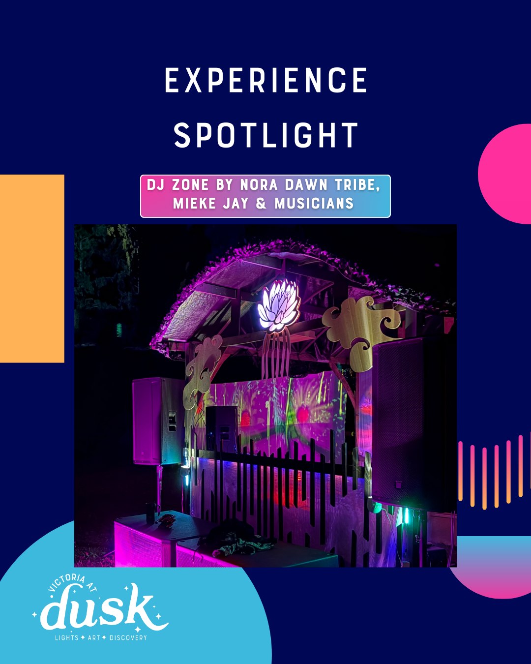 When you reach Victoria at Dusk come down to Ship Point to check out the artist DJ booth by Nora Dawn Tribe and DJs, and projections by Mieke Jay! Their collaborators will be mixing beats in our community hub from 5 - 9pm each night during Victoria at Dusk.
Nora Dawn Tribe is a multidisciplinary artist and the founder of a family-friendly electro nic music festival called Revel which happens annually in the Similkameen Valley. She runs Revel under the business name Revel Events and has been part of setting up numerous indoor and outdoor events and has played many roles in event production over many years. She also creates light art in various forms under the name Luminora which she has sold to private buyers and has showcased at Revel as well as at various other events. https://revelfest.dance/ https://luminora.art/
Mieke Jay (Visuals) is a west coast based artist with over 20 years experience bringing colour, light and imagery to events. Her layered creations are unique to each show blending video loops created from images of nature, curated remixed clips, drawings, paintings and more. Live mixing visuals for DJs, musicians, dancers, theatre productions and arts festivals is one of her favourite things to do. Mieke also produces fully immersive events featuring 360 effects and multiple artists.
#VictoriaAtDusk #ExperienceDusk
#VictoriaEvents #YYJEvents #DowntownVictoria #ShipPoint
#BCEvents #LowerMainlandEvents #ExploreBC
#LiveMusicVictoria #DJSet
#PublicArt #LightArt #ImmersiveExperience