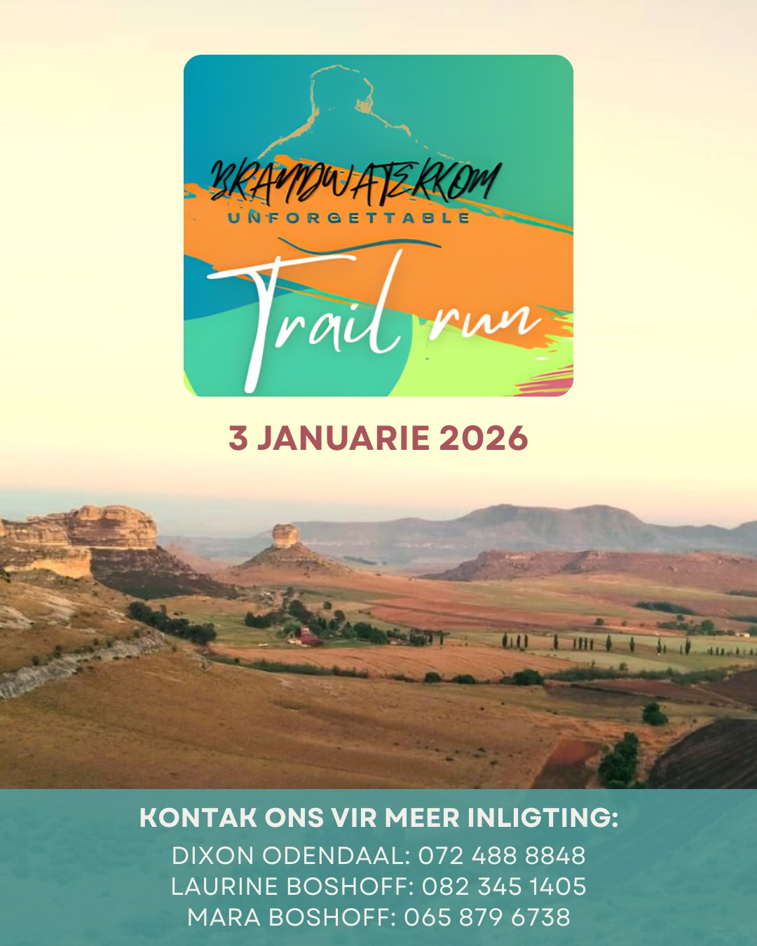 Begin 2026 met ’n vars voorneme en ’n mooi uitdaging! 👟
Brandwaterkom Trail Run is om die draai, ’n kans om die nuwe jaar sterk, gesond en saam met familie te begin.
Kies jou afstand:
🏃♂️ 1 km (voorskool)
🏃 5 km
🏃♀️ 10 km
⛰️ 21 km
⛰️ 38 km
Maak 2026 die jaar waarin jy jou doelwitte aanpak. Skryf vandag in:
👉Link in bio!