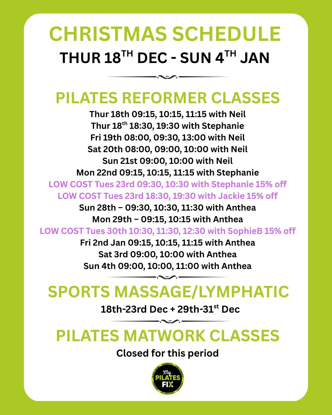 Pilates on the Reformer - skeleton service runs from today until 4th Jan, along with Sports Massage appointments and Lymphatic Drainage Massage. Full service resumes on Monday 5th January.
#pilatesnearme #pilateschristmas #pilatesreformerstudio #pilatesreformerclasses #lymphaticdrainagemassage #softtissuetherapy #deeptissuemassages #stressrelieftherapy
