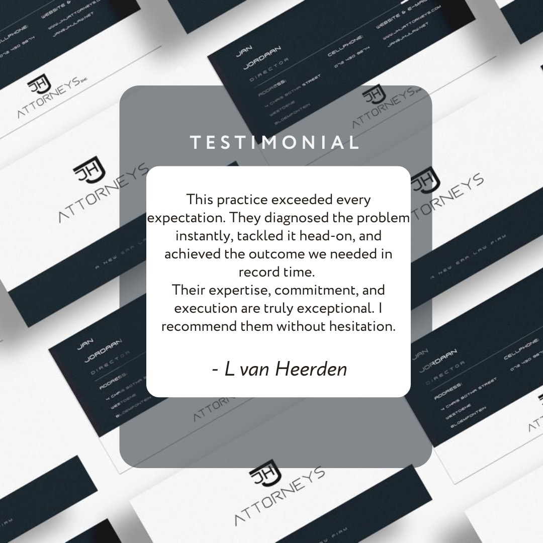 Another proud moment for JHJ Attorneys Inc.
Our clients’ trust means everything to us, and delivering results with precision, dedication and integrity remains our top priority.
Thank you, L van Heerden, for your powerful words and for choosing our practice to stand by your side.
Expertise. Commitment. Results.
That’s the JHJ promise.
#JHJAttorneysInc #ClientTestimonial #LegalExcellence #TrustedAttorneys