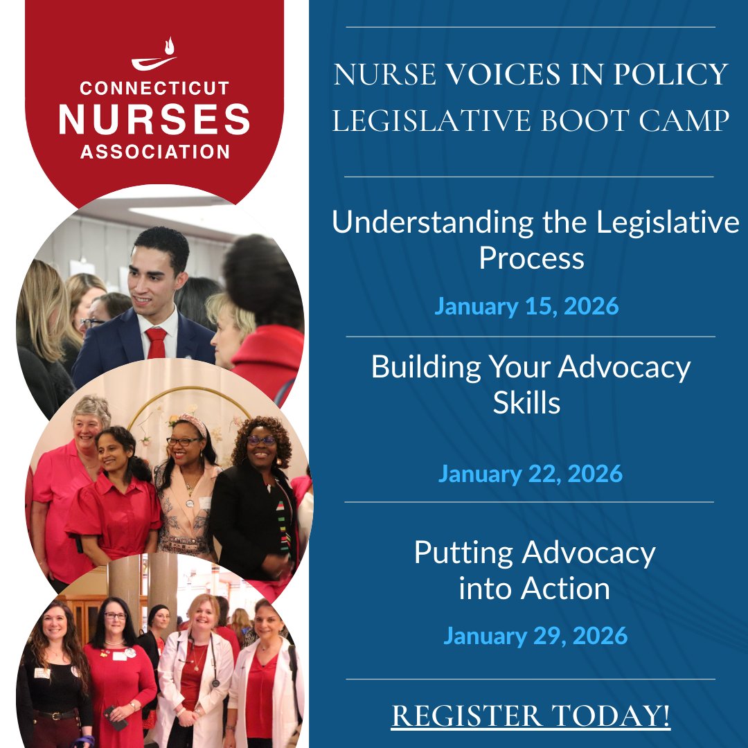 Ready to get more involved in policy but not sure where to start?
Our Nurse Voices in Policy Legislative Bootcamp makes it easy.
Three focused Thursday sessions. Practical skills. Real examples.
You’ll walk away knowing how the process works and how to use your voice effectively.
Thursdays
Jan 15th, Jan 22nd & Jan 29th
6–8 PM on Zoom
Spots tend to fill, so register now: https://ctnurses.org/events_calendar
#CTNurses #NurseAdvocacy #NursesInPolicy #NurseVoicesInPolicy #CNAEducation