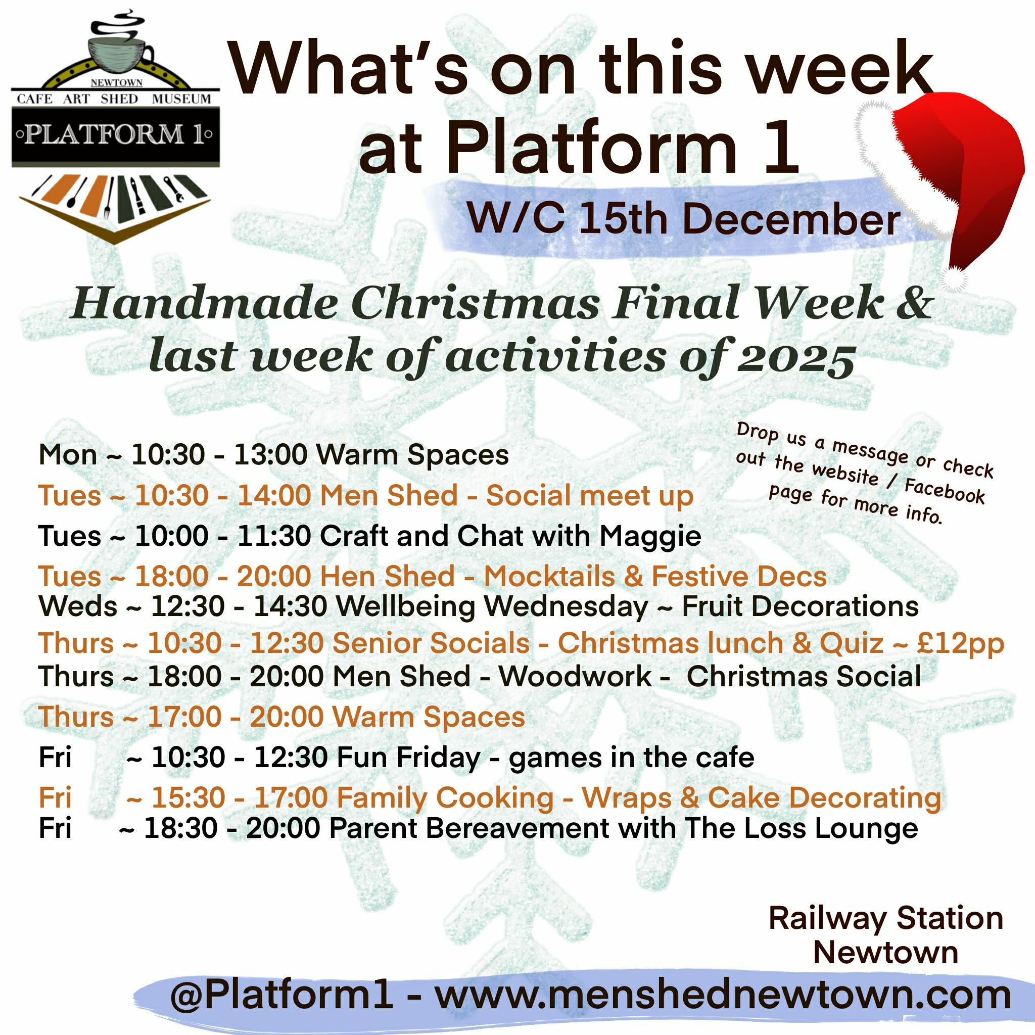 Here it is… the final week of our Handmade Christmas activities 🎄✨
It’s also our last week of activities for 2025, as we’ll be taking a 2-week activity break.
Don’t worry — the café will still be open ☕
🕒 Christmas Opening hours will be shared on Tuesday.
This week we have lots to enjoy:
🍽 Christmas Dinner - Please message to book
🎨 Decoration making
🍪 Cooking
🧠 Quizzing
🎲 Games
🪵 Woodwork
On Friday evening, the Loss Lounge will be here with the Parent Bereavement Group. If you’d like more information or support, please contact them directly 🤍
While activities are taking a short break, you’ll still find art materials, games, and our mini library available for you to use.
📍 Platform 1 Café, Newtown Railway Station
#HandmadeChristmas #FinalWeek #ChristmasActivities #CommunityCafe
#Platform1Cafe #Newtown #CreativeCommunity #FamilyActivities
#ParentBereavement #LossLounge #CafeOpen #MiniLibrary #NewtownPowys #NewtownMidWales #WhatsOnNewtown