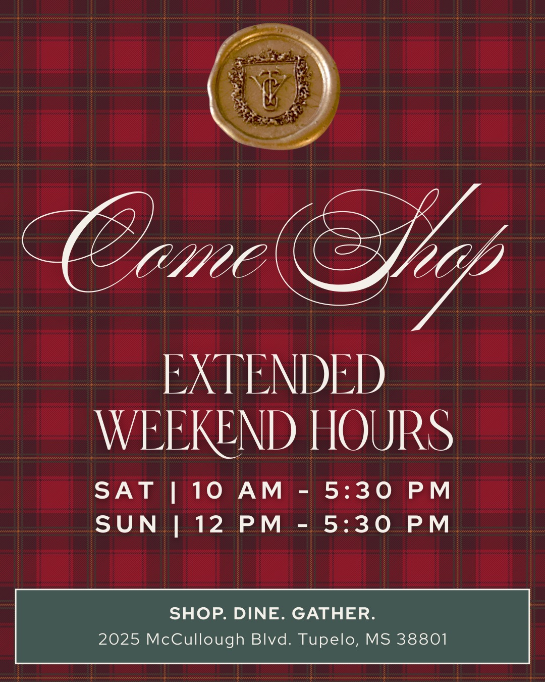 It’s the last weekend before Christmas and your last chance to shop our extended hours! 🎄🎁
We’re open extra late to help you finish your list, find those final gifts, and soak up every bit of holiday magic in the shop.
-
🕙 Mon - Fri: 10 AM - 5:30 PM | Sat: 10 AM - 5:30 PM | Sundays in December: 12 PM - 5:30 PM
📍 2025 McCullough Blvd, Tupelo, MS
-
#TheVineCollection #ShopTupelo #TupeloMS #ShopDineGather #MyTupelo #ShopLocal #HolidayShopping #ExtendedHours #ChristmasGifts #GiftSeason #GiftsForAnyone