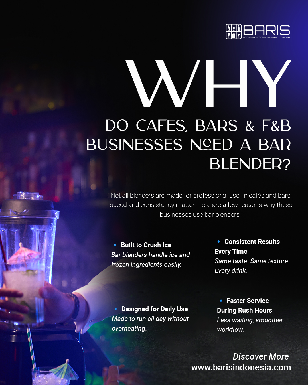 Not all blenders are made for professional use.
In cafés and bars, speed and consistency matter.
That’s why bar blenders are essential behind the bar —
built for ice, daily use, and consistent results in every drink.
CONTACT US
Whatsapp : +62 811-3877-8844
Email : barisindonesia40@gmail.com
Website : www.barisindonesia.com
Find Us
Jl. Diponegoro No.717, Pedungan, Denpasar Selatan, Kota Denpasar, Bali
-----
#OnlineShopping #ShopOnline #Ecommerce #BusinessOnline #SmartShopping #ShopNow #HospitalityIndustry #HotelSupplies #RestaurantSupply #BarTools #BartenderLife #KitchenEquipment #CommercialKitchen #MixologyTools