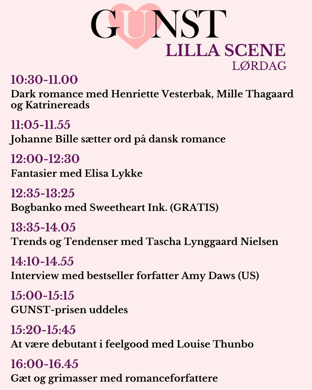 Så er det her!
Det længe ventede program for GUNST 2026 er endeligt landet!
Vi håber at I vil tage godt imod alle forfatterne, foredragsholderne og emnerne der skal vendes i løbet af de to dage.
Det fulde program med beskrivelser af hvert oplæg kommer i januar.
Tak til alle forlagene! Tak til alle forfatterne! Tak til alle moderatorerne, der afsløres i januar og sidst men ikke mindst, tak til alle jer følgere, der har hjulpet med at spore os ind på, hvad I vil se og høre i 2026. <3