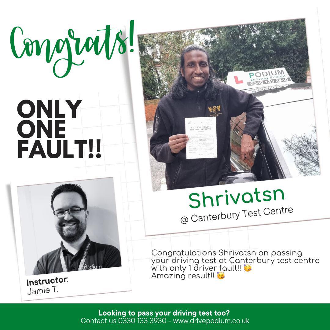 Congratulations to Shrivatsn for passing his test on the 12th of December in Canterbury with only one driver fault!
Shrivatsn started his lessons with me already having had driving experience, but an eagerness and willingness to learn and improve.
Shrivatsn, your dedication to a high standard of driving has shone through with a fantastic result on your test. From myself and the rest of the Podium team, we wish you a future of safe and enjoyable driving! #whitstablekent #hernebaykent #herne #hernebay #whitstableharbour #whitstable #whitstablebeach #TestPasses