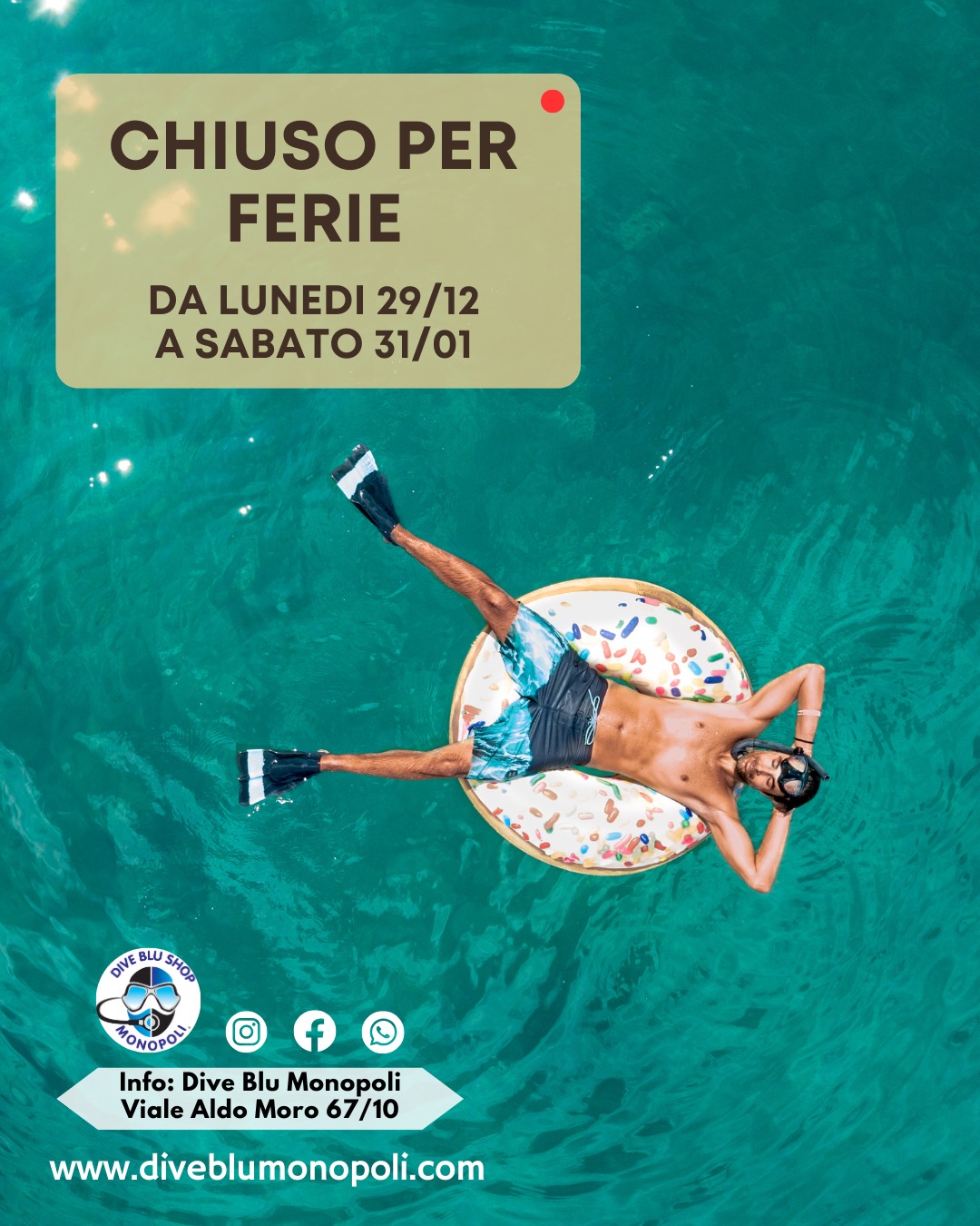 Stiamo preparando una grande novità per voi!!!
Chiusi dal 29/ fino al 31/01
.
.
.
Contattaci per ulteriori informazioni.
📍 Viale Aldo Moro 67/10 Monopoli
☎️ 080/9373096
💙 #DiveBluMonopoli 💙