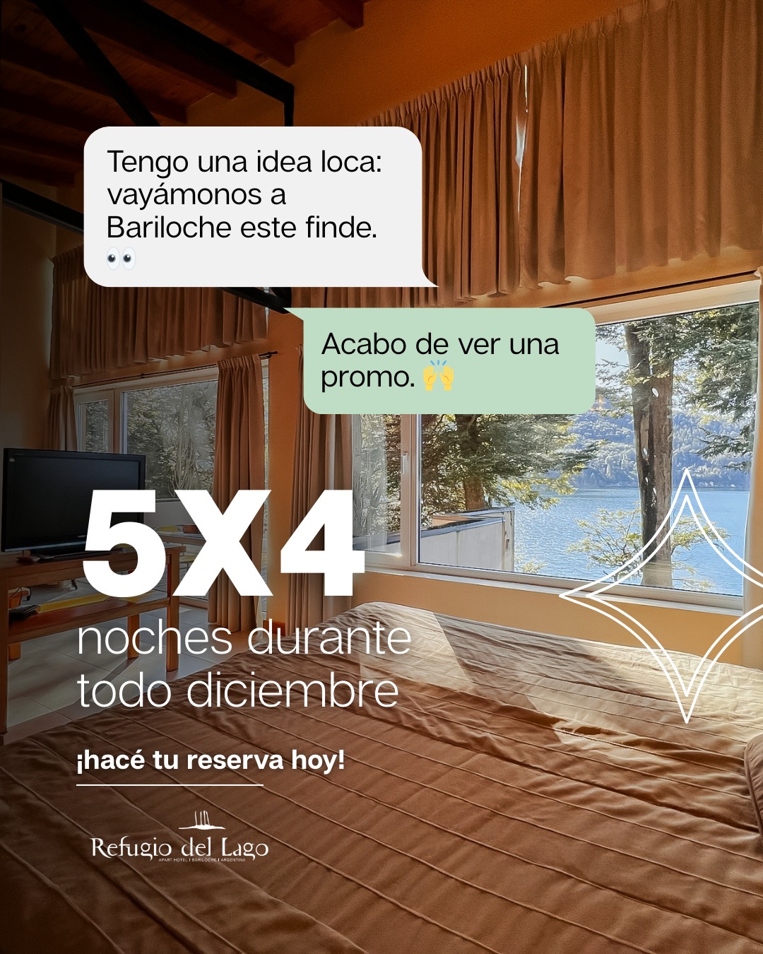 Y sí, a veces la mejor decisión es la que tomás sin pensarlo tanto.
✨ Este diciembre, en Refugio del Lago, te regalamos una noche para que tu escapada dure más.
📆 Dormís 5 noches, pagás 4.
📍 Frente al Lago Gutiérrez. Rodeado de bosque. A minutos del centro.
¿Necesitás más excusas?
Esta promo es tu señal.
💬 Escribinos por WhatsApp o reservá desde la web.