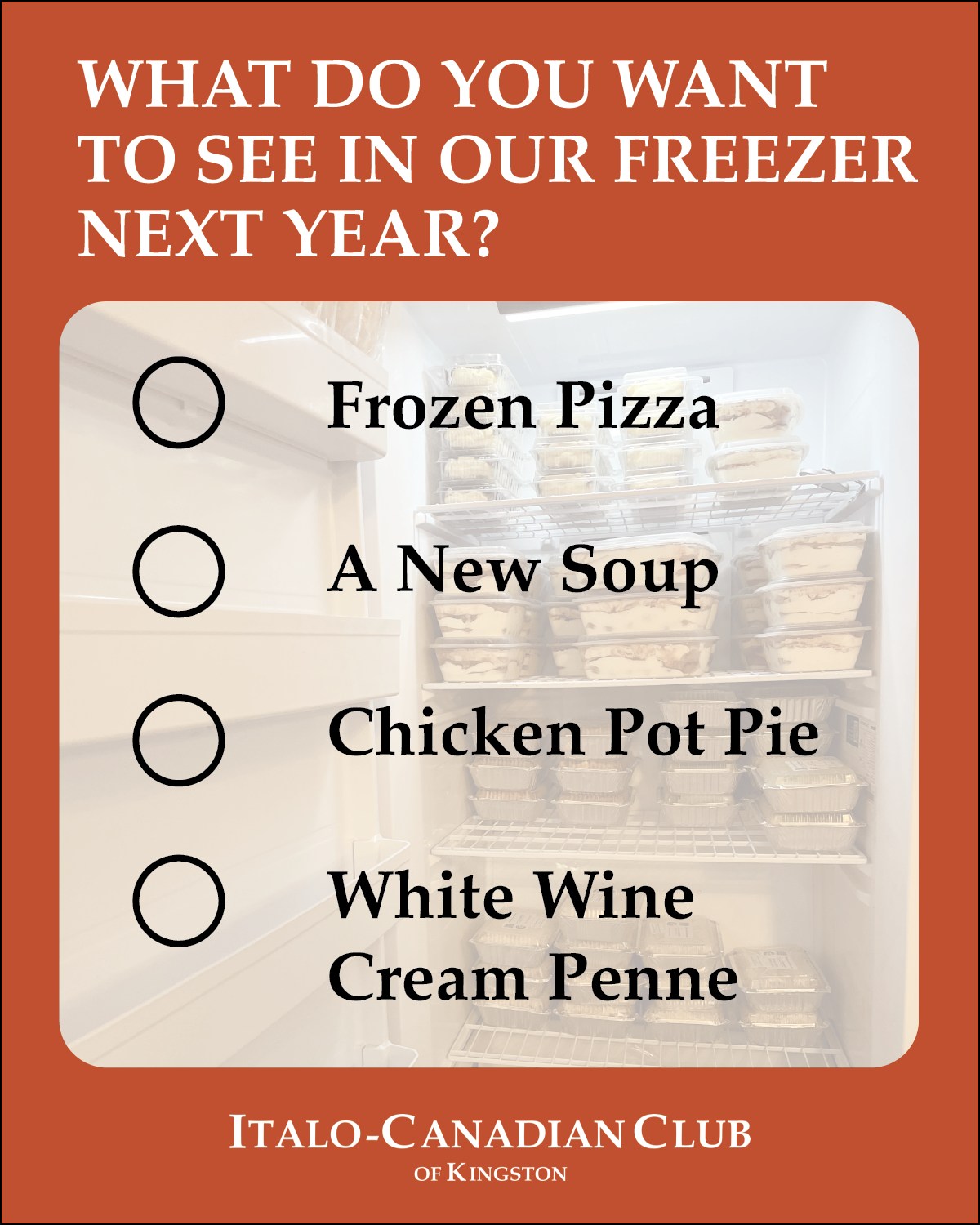 If we added a new freezer item in 2026, what would you love to see most?
🍕 Frozen Pizza
🍲 A New Soup
🥧 Chicken Pot Pie
🧄 White Wine Cream Penne
Or… something else? Comment below!
@coutocatering
#ICCKingston #CommunityInput #FoodIdeas #ItalianFood