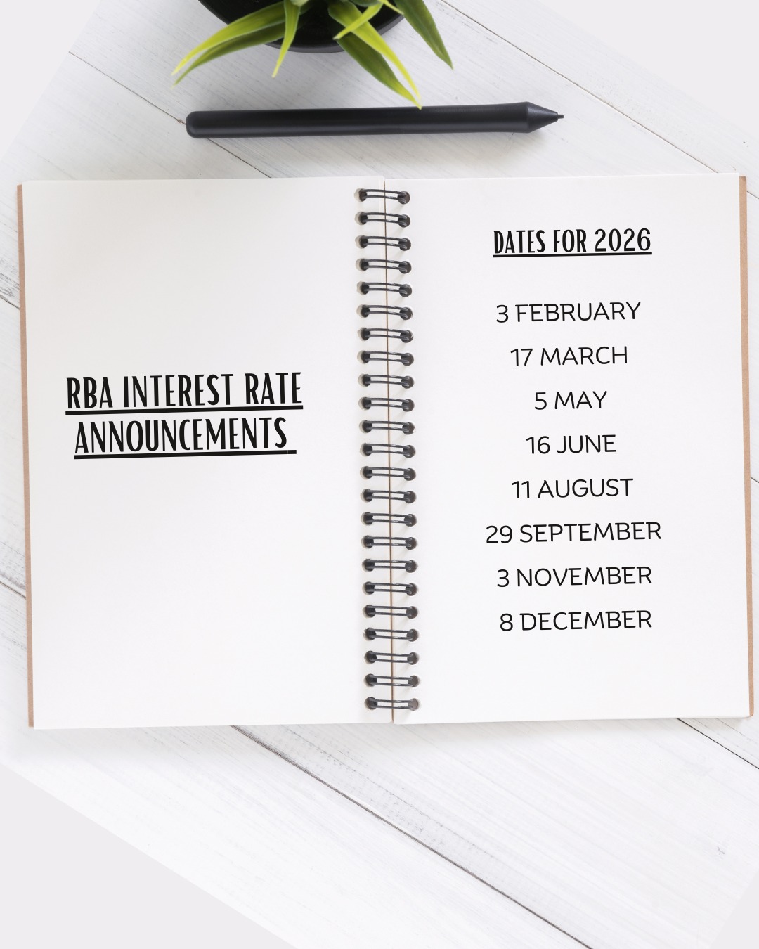 Lock the dates in! ๐
The RBA is set to meet and deliver Interest Rate Decisions 8 times in 2026. We will bring you the updates as the announcements are made.
Just a reminder to sign up to our mailing list to ensure you get all the latest news and information straight to your inbox.
โก https://www.myfinancenetwork.com.au/newsletter
#DecisionDates #Rise #Hold #Lower #MyFN #YourLocalBroker