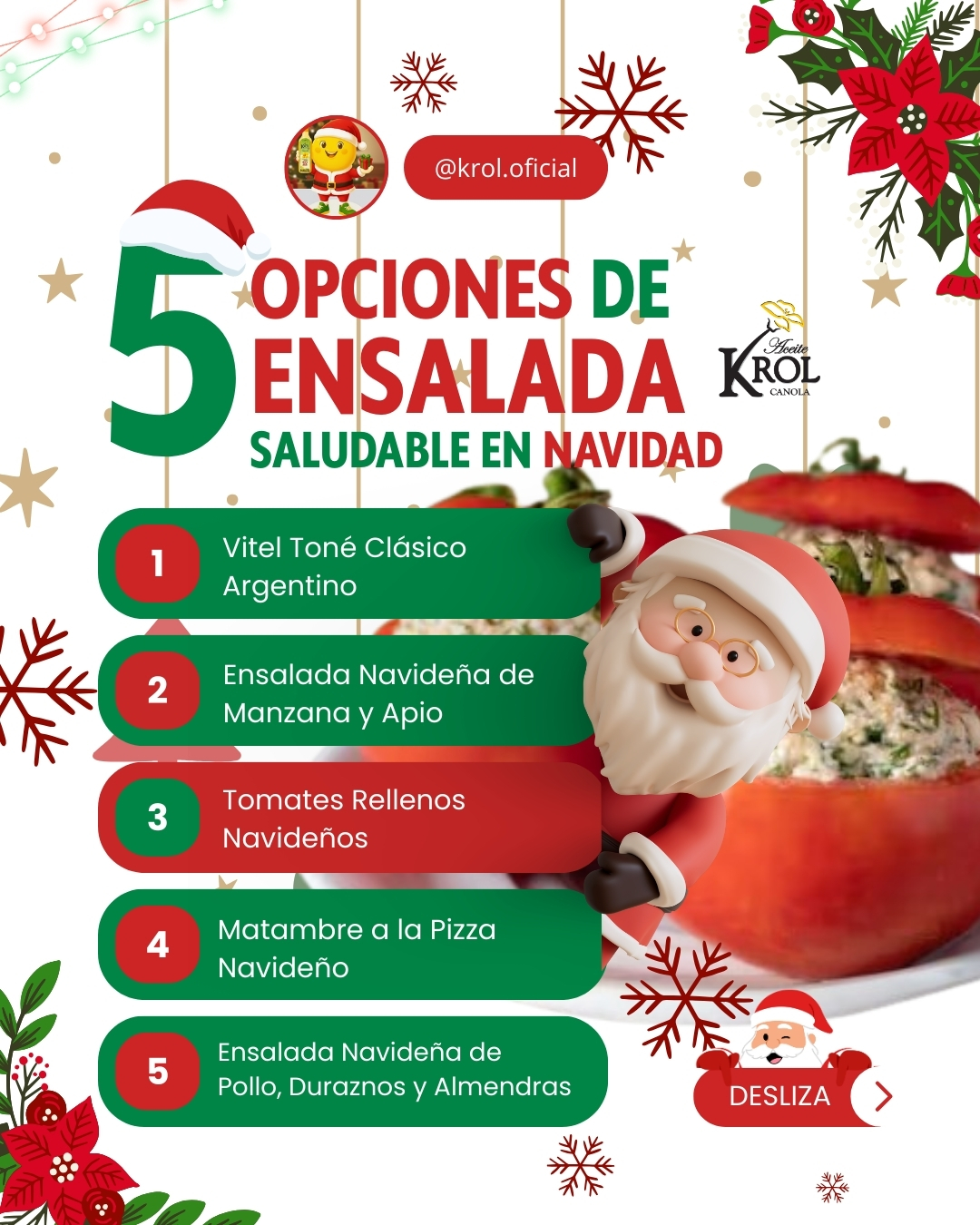🎄Tomates Rellenos Navideños 🎄
Un clásico fresco, liviano y lleno de sabor para acompañar tu mesa navideña 🎅🍅✨
En esta versión saludable, el toque final lo aporta Aceite de Canola KROL, que realza aromas y une todos los ingredientes con una textura suave y natural.
Tip KROL: probalos con nuestro Aceite sabor Albahaca para un aroma fresco, veraniego y perfecto para las fiestas.
Deslizá para ver la receta completa 👉
Guardala para preparar en Nochebuena 💾
Y contanos: ¿con qué aceite KROL los vas a hacer? 👇
#KROL #RecetasKROL #NavidadSaludable #TomatesRellenos #MesaNavideña #CocinaArgentina #ComéRicoComéKROL