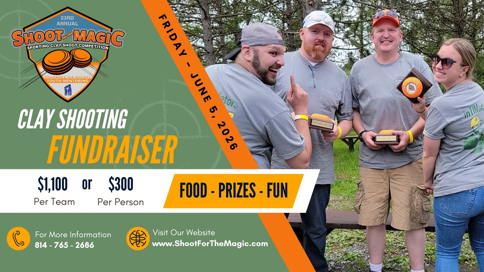 🎯 SAVE THE DATE! 🎯
The 23rd Annual Shoot for the Magic is coming your way!
📅 Friday, June 5, 2026
📍 Sporting Clay Shooting Fundraiser
💛 Benefiting Children’s Aid Society Youth Mentoring Programs
Get ready for a day filled with friendly competition, great food, exciting prizes, and plenty of fun — all while supporting local youth in our community.
Mark your calendars now and stay tuned for registration details!
🔗 www.ShootForTheMagic.com
✨ Help us make magic happen — one shot at a time.