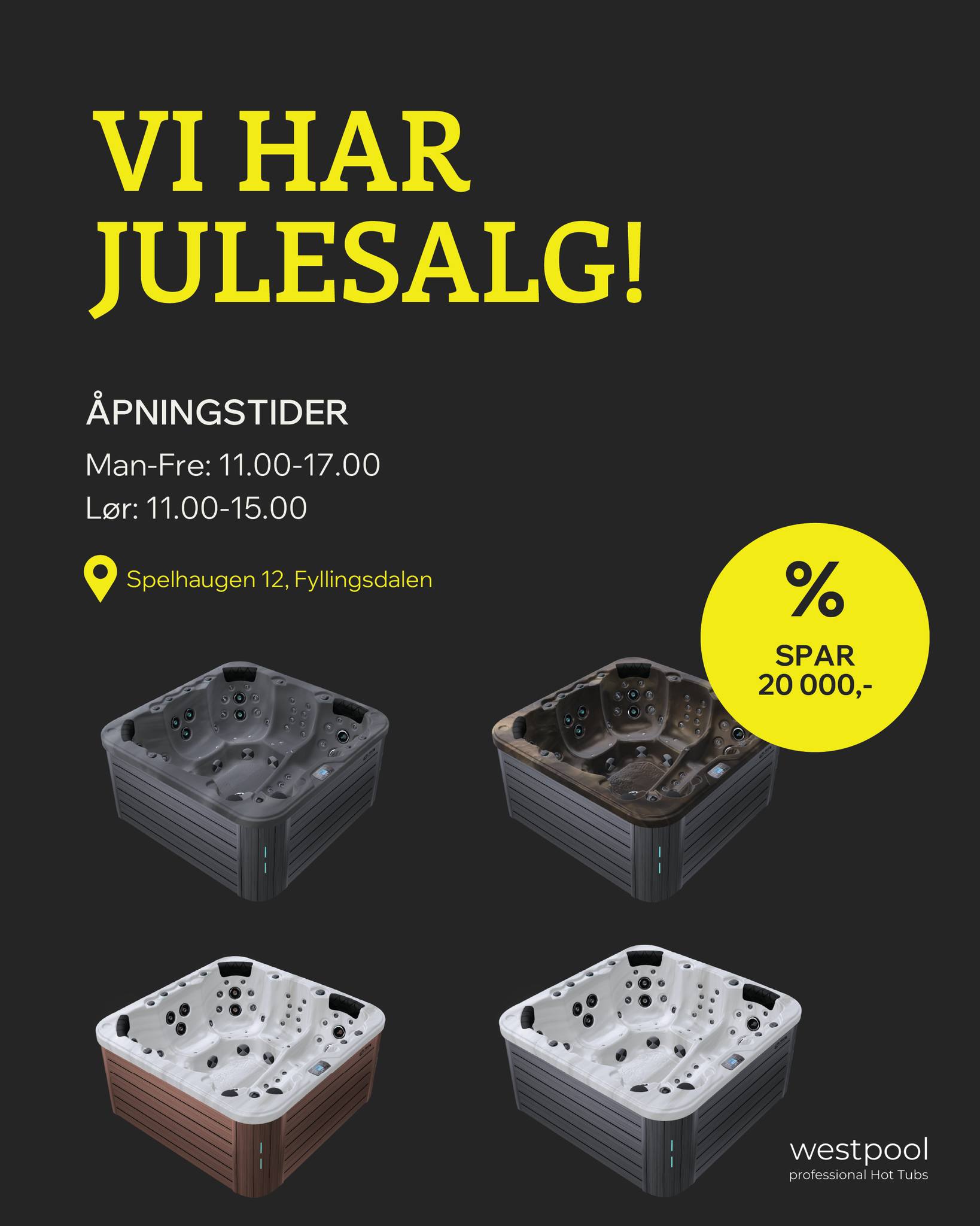 Perfekt for terrasse, perfekt for vinteren ❄️
Nå har vi julesalg på alle spabad – spar 20 000,- + bonuspakke inkludert.
Tilbudet finner du på westpool.no😍