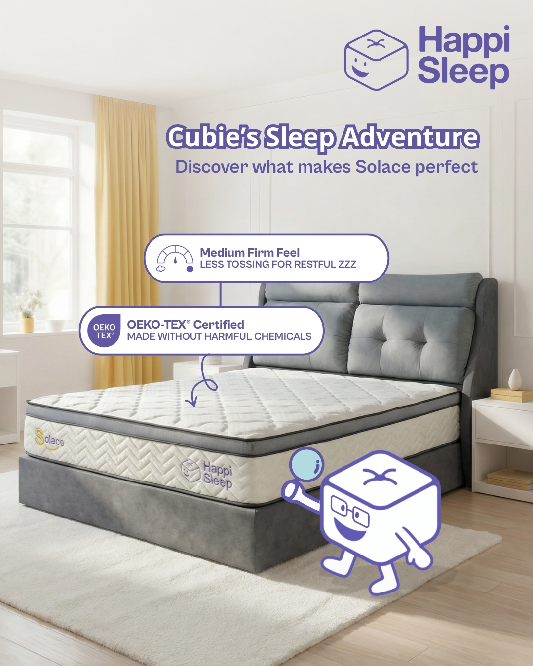 Cubie’s Adventure Log #12 🔍
Perfect Sleep achieved! The Solace Hybrid’s medium-firm support keeps every night perfectly cosy while OEKO-TEX safety makes it totally worry-free. Over and out! 💤
#HappiSleep #DreamWithUs
