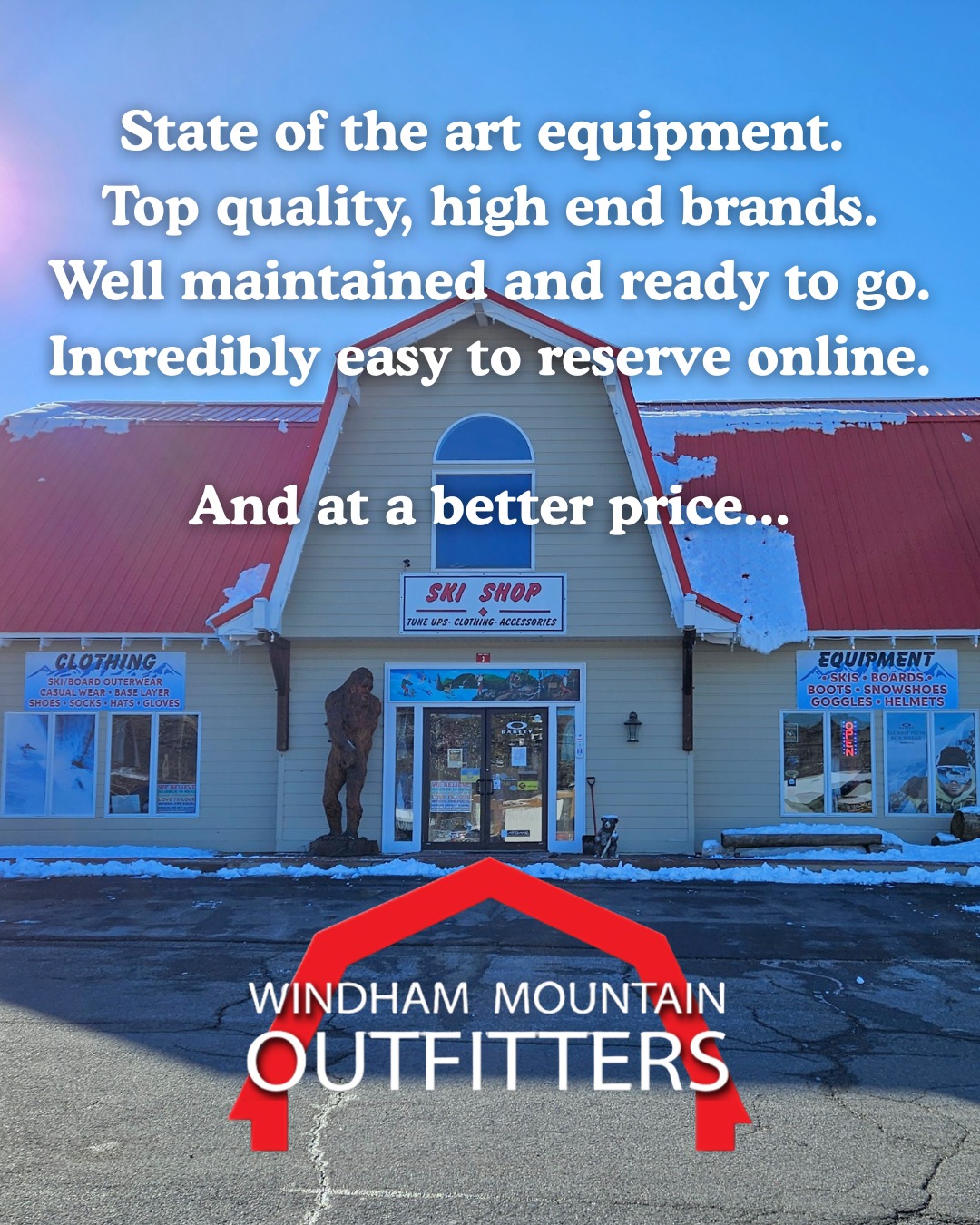 State of the art equipment. Top quality, high end brands. Well maintained and ready to go. Incredibly easy to reserve online.And at a better price...👀
Come see us at the intersection of South Street and 296, look for the red roof!