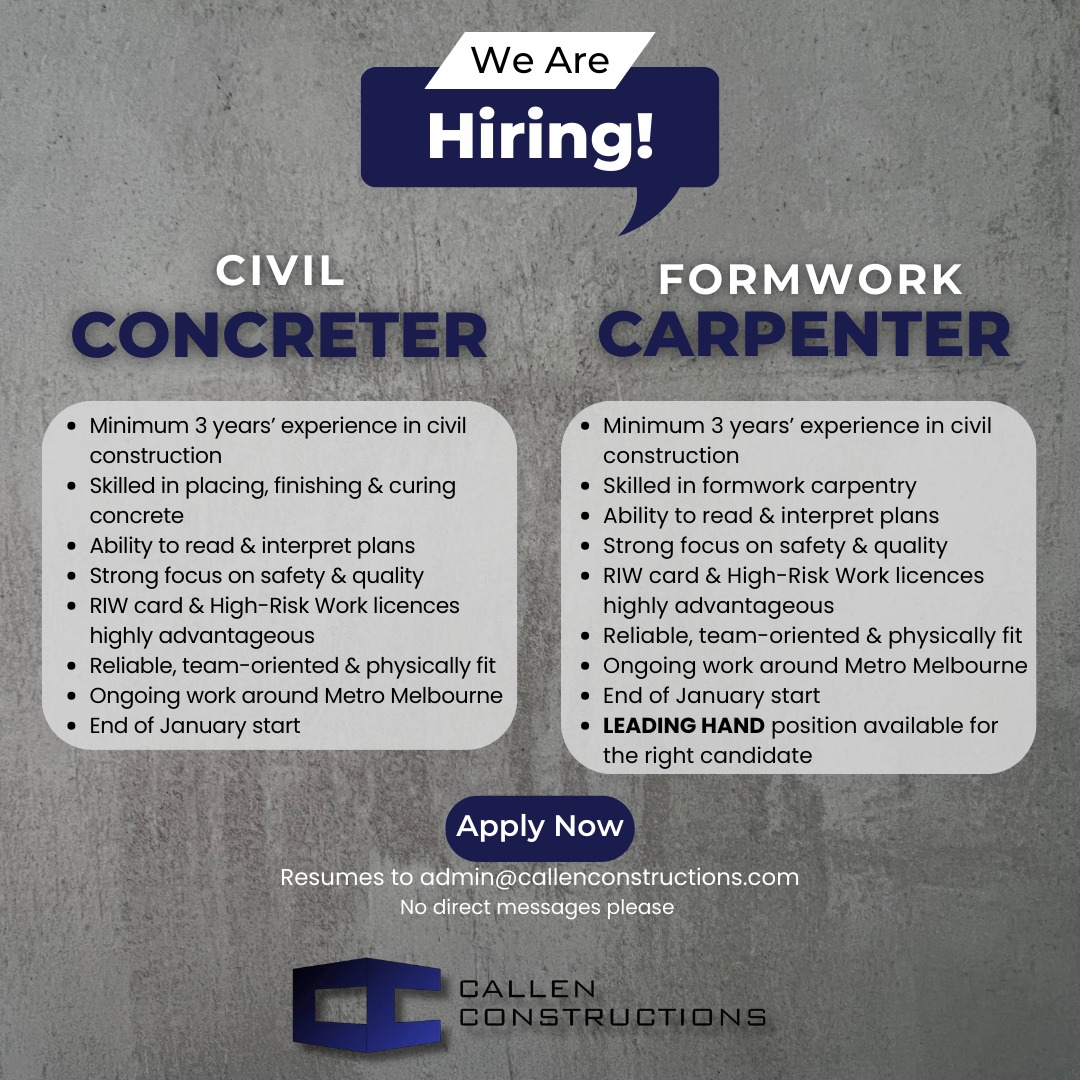 👷👷♀️Join our team as a Formwork Carpenter or Civil Concreter.
✔ Minimum 3 years’ civil construction experience
✔ RIW card & High-Risk Work licences highly advantageous
Resumes to admin@callenconstructions.com