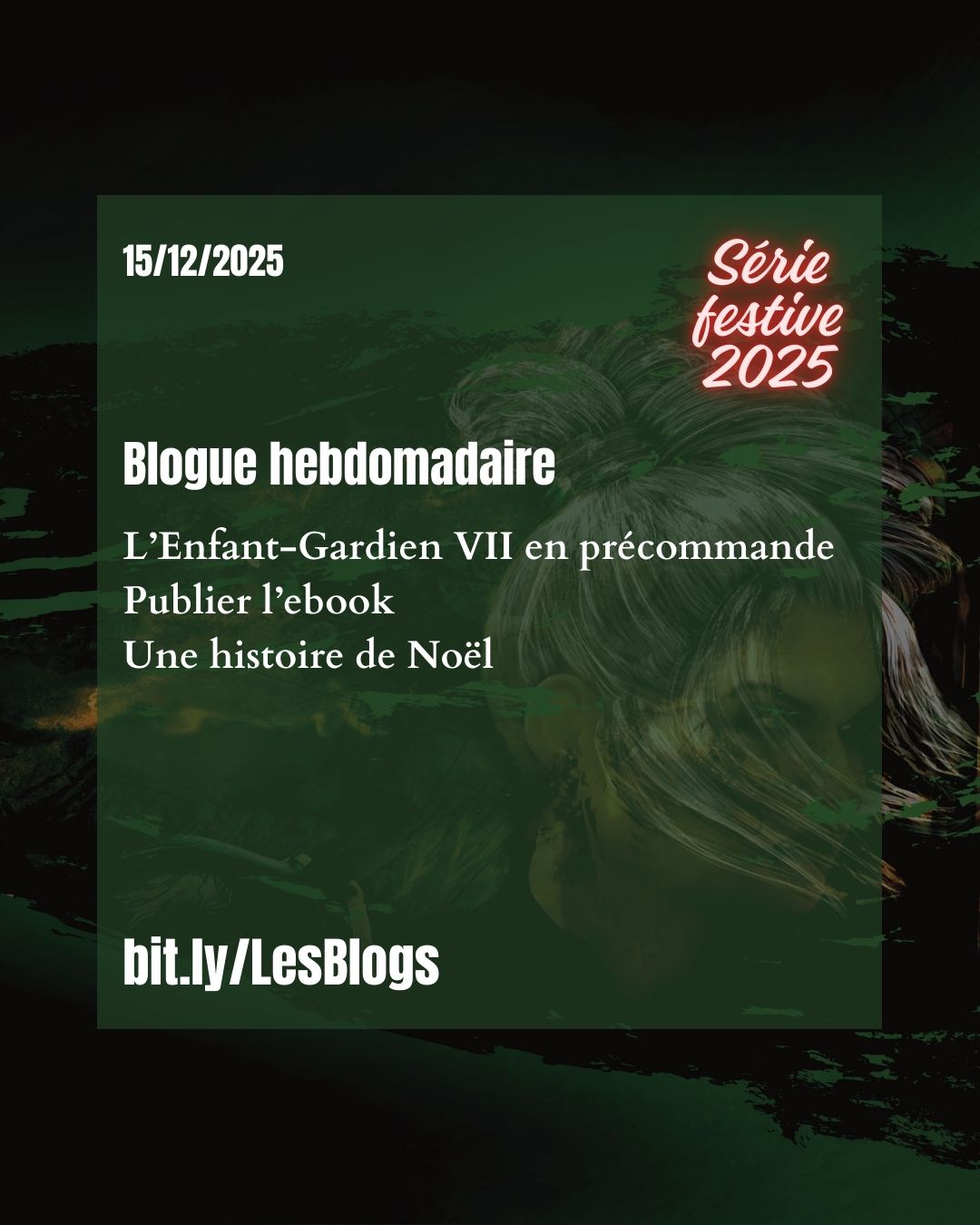 La série festive 2025🎄 : un nouveau livrel de science fantasy française pour Noël — lisez le résumé de l’Enfant-Gardien VII (Améthyste doit participer au tournoi de Magador sinon elle devra s’exiler) ; la dernière phase d’un roman — que faire pour finaliser la publication du livrel ; une histoire de Noël — une scène inédite de Carmélita, un roman Steampunk de la série du nexus punk… et trois livrels électroniques gratuits pour découvrir la série L’Enfant-Gardien — les rêves perdus d’une jeune fille suite à un drame qui changera son destin.
Pour vous mettre dans l’esprit des fêtes, voici le début de La meilleure Noël de ma vie :
J’ai vidé des pots de chambre tout l’après-midi et j’ai hâte que le soleil se couche puisque Darren et moi partirons pour profiter demain d’une journée de congé bien mérité pour célébrer Noël avec notre famille. Alors que je me penche pour la centième fois et ramasse un pot sous le lit, une patiente me fait signe d’approcher. Je fais glisser l’objet infect vers mes pieds avant de m’incliner devant Lady Doncaster qui se repose dans un fauteuil à bascule près de la fenêtre. Son écharpe de lavande s’est déplacée quand elle a tendu ses bras décharnés, et la soie brillante est tombée de ses frêles épaules. Comme elle n’attache jamais le col de sa robe de nuit en lin fin, elle exhibe la peau parcheminée de son cou et de sa poitrine. De l’ombre de son bonnet, ses yeux pénétrants me percent l’âme :
« Gamine, aide-moi à remettre mes dents et à trier mes vêtements. Mon fils vient. »
Je toise ses prothèses dentaires sur la table et serre mes mâchoires pour me rappeler qu’aucune des miennes ne remplace les siennes.
Continuez dans le blogue
https://www.abalabee.com/post/the-festive-series-la-série-festive-2025-2
bit.ly/LesBlogs
Devenez explorateurice ancilian : bit.ly/ABALABEE
Lisez la série en français : bit.ly/Enfant-Gardien
Racontez votre histoire (30 min free) : bit.ly/creativmentor
#abalabee #sciencefantasy #steampunk #blogfiction #destindefemme
