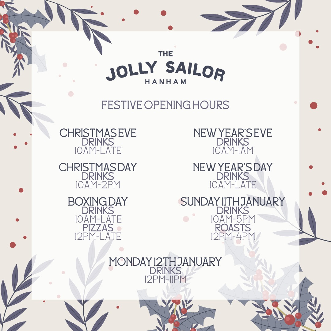 UPDATE: Please be aware that due to our roast partner sadly having to drop out of the Jolly kitchen we'll no longer be serving roasts on Sunday the 11th January.
✨ Festive Opening Times ✨
The holidays are nearly here! 🎄
Please take a moment to check our festive opening hours below so you can plan your visit with us.
Thank you so much for your continued support this year — we wish you a Merry Christmas and a Happy New Year! 🎅🎉