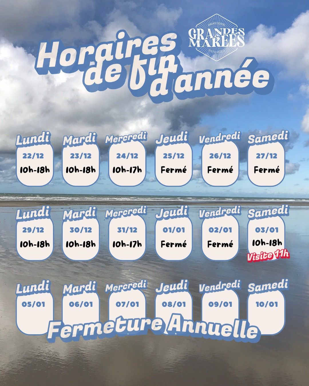 🌊 Horaires de fin d'année (et début 2026) 🌊
On vous laisse le temps de finir vos cadeaux et breuvages pour les fêtes de fin d'année 🎄
Pour finir l'année, le bar est ouvert tous les jours d'ouverture 🍻
Nous gardons la visite du 1er samedi du mois, le 3 janvier, idéale en famille ou entre amis pour finir les vacances ❄
Réservation via nos réseaux sociaux, par mail (contact@brasseriegrandesmarees.fr) ou par téléphone au 0391891377 📞
#brasseriegrandesmarees #cotedopale #rangdufliers #BrasserieArtisanale #biere #biereartisanale #brasserie