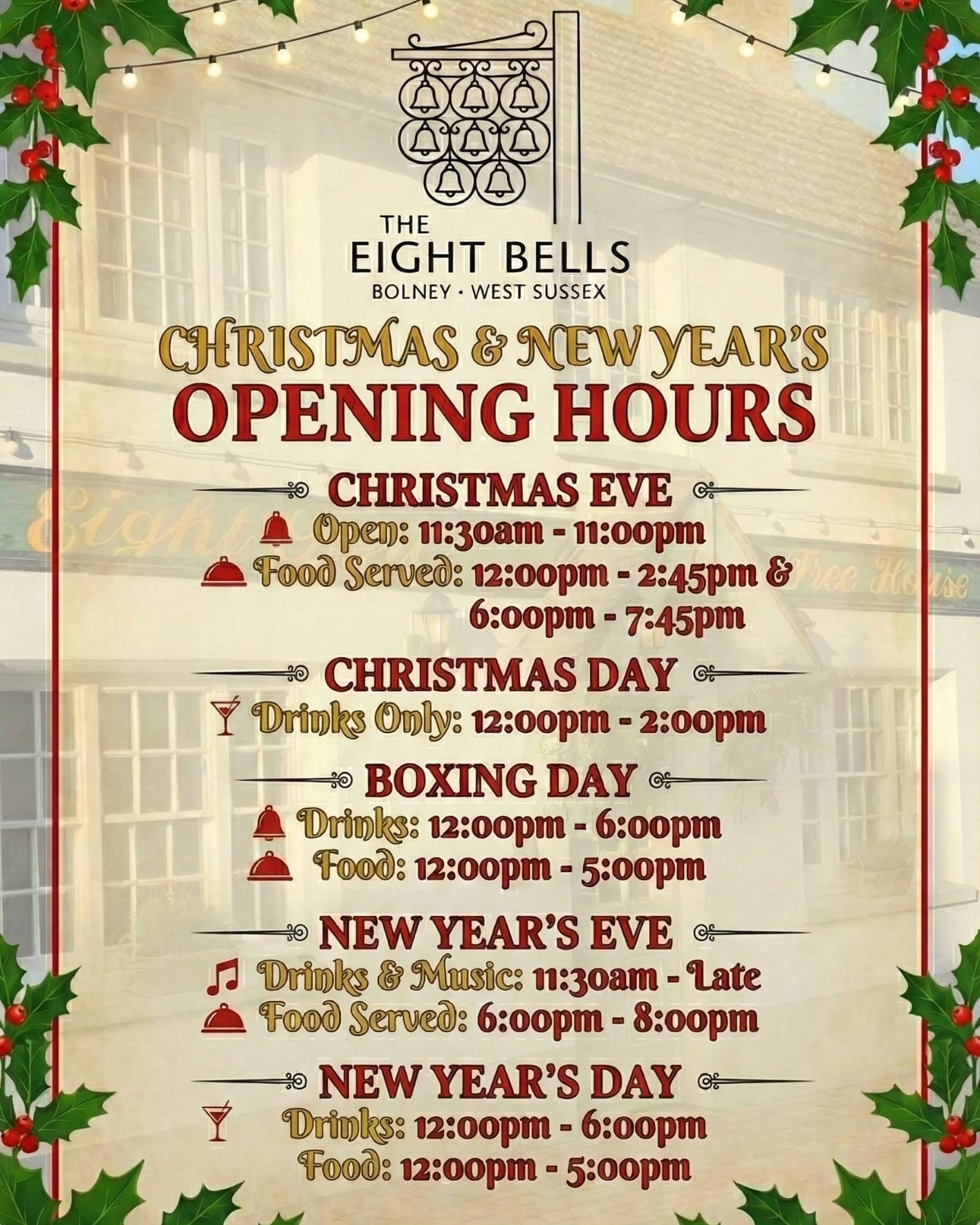 Good morning, not long now until the big man himself visits us all on Christmas morning 🧑🎄
The Eight Bells will be here over Christmas to help you all celebrate in style in our warm and friendly surroundings 🍻
Here are a reminder of our opening hours over Christmas and new year 💃🕴️