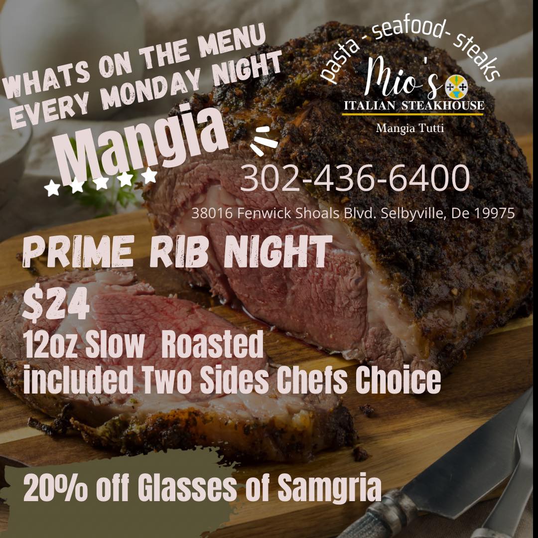 🎄 Monday at Mio’s is officially starting to look like Christmas 🎄
The lights are glowing, the kitchen’s firing, and your favorite Monday comfort food is calling.
🥖 Cheesesteak Monday – $9.99
Juicy, cheesy, and worth canceling plans for.
🥩 Prime Rib Night
12oz slow-roasted prime rib
Includes two chef’s choice sides
🍷 Happy Hour | 1–6PM we have one of the best happy hour menus around
❄️ Heads up!
Most Popular Answer Trivia will resume the first Monday in January.
📞 Call for reservations or book online
302-436-6400
38016 Fenwick Shoals Blvd, Selbyville, DE
Come eat, sip, and soak up the holiday vibes. Monday never tasted so good 🎅🍽️