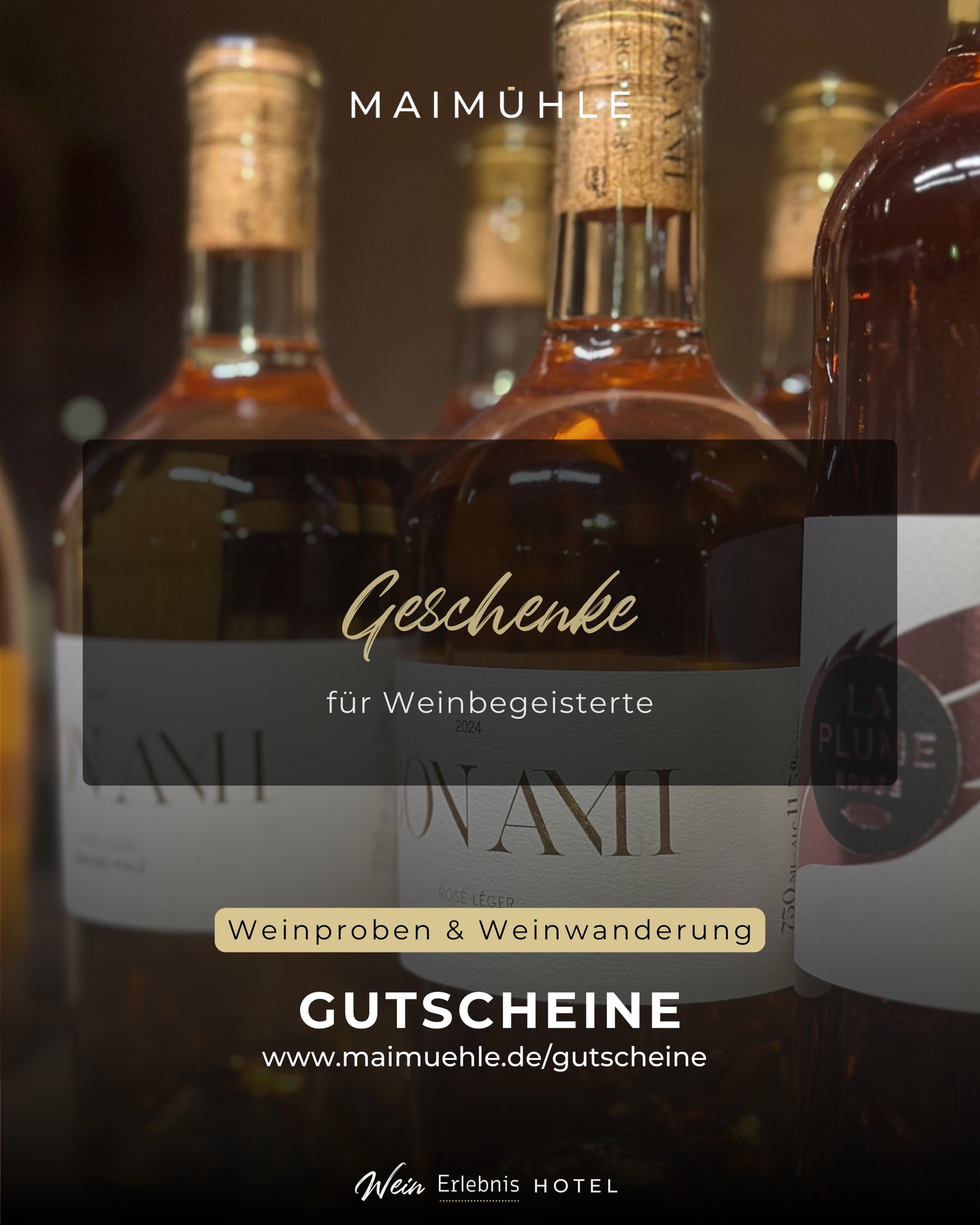 Zeit schenken.
Nicht irgendeine – sondern gemeinsame.
Unsere Erlebnis-Gutscheine stehen für
🍷 geführte Weinproben
🥾 Weinwanderungen durch die Weinberge
Wissen, & Genuss – statt Dinge, die im Schrank verschwinden.
Gutscheine gibt es aktuell noch vor Ort – ab Montag auch noch online unter www.maimuehle.de/gutscheine
TIPP:
In unserer Vinothek findet ihr auch die passenden Weine - entweder als Präsent oder für die Feiertage.