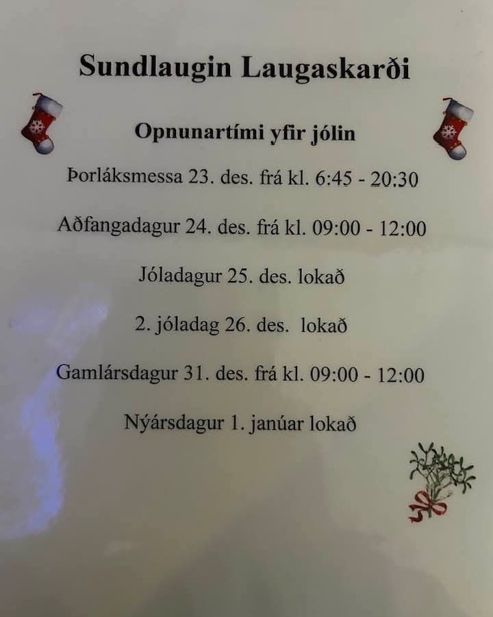 If you’re visiting Hveragerði and thinking about a relaxing soak in the wonderful geothermally heated local swimming pool, here are the holiday opening hours.
Sundlaugin Laugaskarði-Hveragerði
#pool #swimmingpool #visithveragerði #holidayhours #VisitIceland #travel #Iceland #DiscoverHveragerði #ExploreIceland #IcelandicMagic