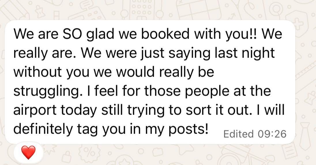 ✈️ A cautionary tale…
It’s a bit of a long post, so please bear with me — especially if you love booking your own holidays.
At 5pm on Friday, I get a WhatsApp from clients who should be on their way to Orlando for Christmas.
An hour into the flight there’s a technical fault, and the plane turns back to Gatwick. No real info, just told they’re getting off.
They’re back in the departure lounge with a new departure time, so I contact the hotel and car rental to explain they’ll be arriving late.
9pm rolls around.
Departure moved to 10pm.
Then… you guessed it — flight cancelled.
The airline is a low-cost carrier. No desk at Gatwick, no phone number, bookings can only be managed online.
So whilst many passengers are frantically trying to sort flights on the website, I’m booking new flights on another airline, rebooking the car & telling the hotel to expect them even later.
Because the holiday was booked as a protected package, it’s the tour operator’s responsibility to sort everything - that’s me!
By 10pm, new flights are booked for the following day at NO EXTRA COST
Now here’s the cautionary part.
Imagine they’d booked this themselves:
• Flights
• Hotel
• Car hire
• Disney & Universal tickets
All separate online bookings with no financial protection.
First problem: new flights, seats were as rare as hens teeth. A family of four to Orlando on another airline? Easily £5k +
Then you’ve got to change your hotel & car hire.
Worst-case scenario?
You can’t afford new flights, so you don’t travel at all… and potentially lose thousands of pounds.
Instead, I’m the travel agent in your pocket, one message to a human and I get to work instantly.
I don’t profess to be the cheapest & here’s why
😊 I genuinely care
😊 I’m a professional with years of experience so know exactly what to do in an emergency making a stressful situation much easier
😊 I’m a WhatsApp message away. If I’m asleep, our 24/7 duty office take over
If you’ve got this far, thank you for reading & next time you’re spending hours searching for holidays online, make it easy & message me instead!
☎️ or WhatsApp 01282 854143
#personaltravelagent
#travelcounsellors