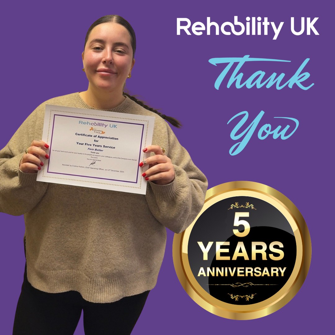 🎉 Celebrating 5 Years of Fern Butler 🎉Today we’re proud to celebrate Fern Butler’s 5-year anniversary with Rehability UK 💙Over the past five years, Fern has shown unwavering dedication, compassion and professionalism, making a real difference to the lives of the people we support and the colleagues she works alongside. Her commitment to our values and her positive impact across the service truly reflect what Rehability UK is all about.
Thank you, Fern, for everything you do — your hard work, care and passion do not go unnoticed. Here’s to celebrating this milestone and many more years ahead ✨👏
#LongService #5YearAnniversary #ThankYou #RehabilityUK #ShiningTogether