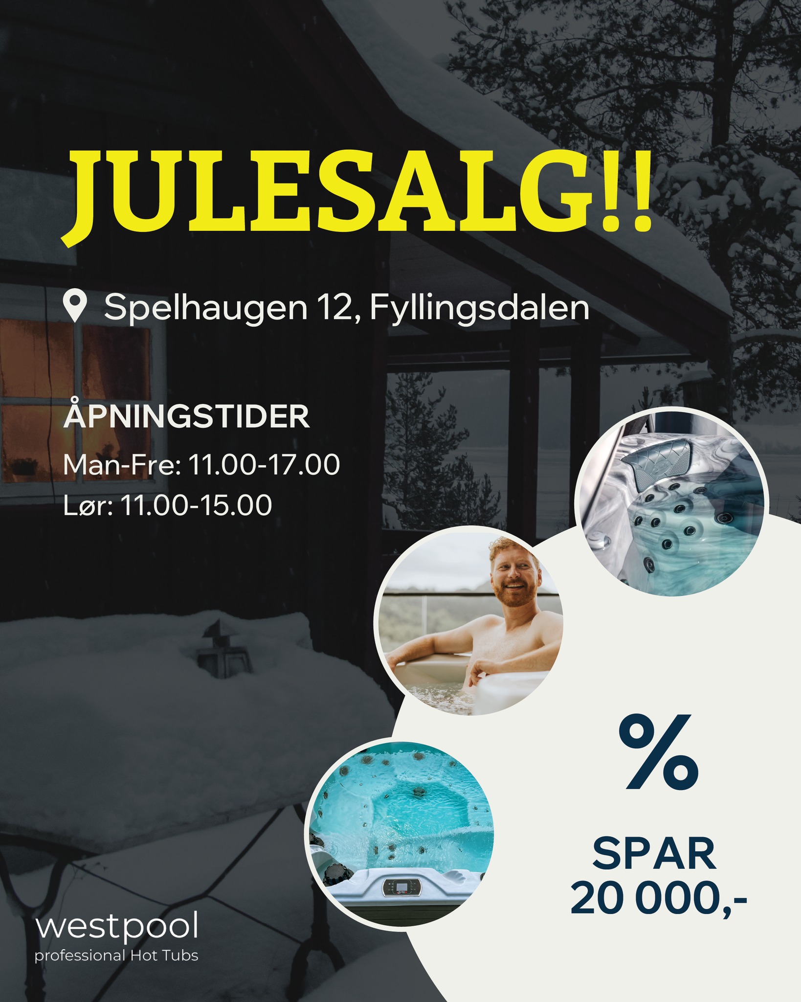 God onsdag! ✨
Julesalget hos Westpool er i gang – spar 20 000,- på alle våre spabad, pluss bonuspakke til verdi 10 880,- inkludert.
Se mer på westpool.no eller besøk oss i Spelhaugen 12.