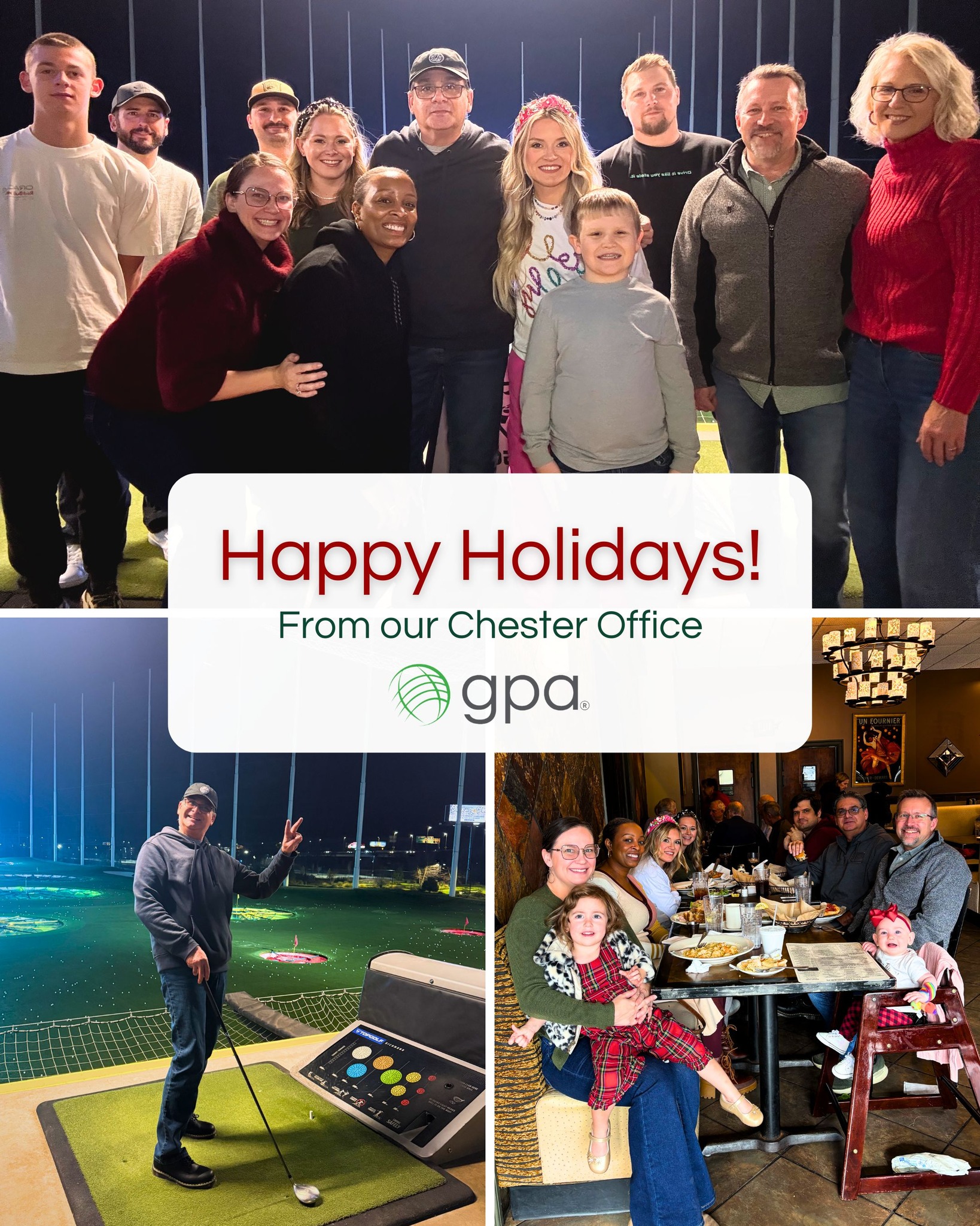 This holiday season, GPA teams across our offices took a moment to slow down, spend time together, and enjoy the people we get to work alongside every day.
⭐ Ruston gathered at a cozy lakehouse for lively karaoke, a friendly dessert competition, and a classic White Elephant gift exchange filled with laughs.
⭐ Chester kicked things off with relaxed board games and a shared lunch before heading to Topgolf for a fun, lighthearted afternoon.
⭐ Wilmington spent the afternoon at True Blue Butcher and Barrel with an interactive cooking demonstration followed by a thoughtfully prepared multi-course lunch.
⭐ Remote employees were celebrated with a gift card so they could enjoy the holidays with their loved ones, even from a distance.
Different locations. One team.
Happy Holidays from all of us at GPA.
#GPA #HappyHolidays #OfficeHolidayParty #TeamMoments #PeopleFirst #CompanyCulture #EmployeeExperience #RemoteEmployees #WorkplaceConnection