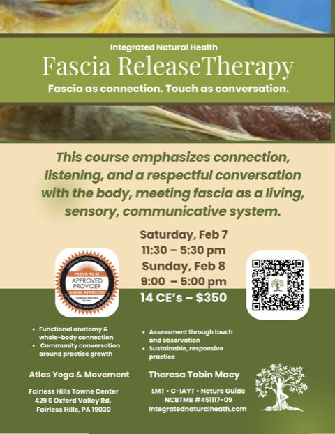 ✨ Licensed Massage Therapist Continuing Education: Fascia Release Therapy ✨
We’re thrilled to welcome Theresa Tobin Macy of Integrated Natural Health — a Licensed Massage Therapist and Yoga Therapist whose work I’ve known and respected for years — to lead this hands-on, anatomy-rich course.
Dive deep into fascia as a sensory, communicative system. Through technique, assessment, and embodied learning, you’ll refine your ability to listen to tissue, respond with clarity, and build a sustainable, client-centered practice. Round-table lunches foster community connection and practice-growth conversations.
📅 Dates: Saturday–Sunday, February 7–8, 2026
⏰ Saturday: 11:30 AM – 5:30 PM
⏰ Sunday: 9:00 AM – 5:00 PM
Spaces are limited — reserve your spot and elevate your practice with Theresa! 💛
Learn more and register here:
https://integratednaturalhealth.com/fascia-release-therapy