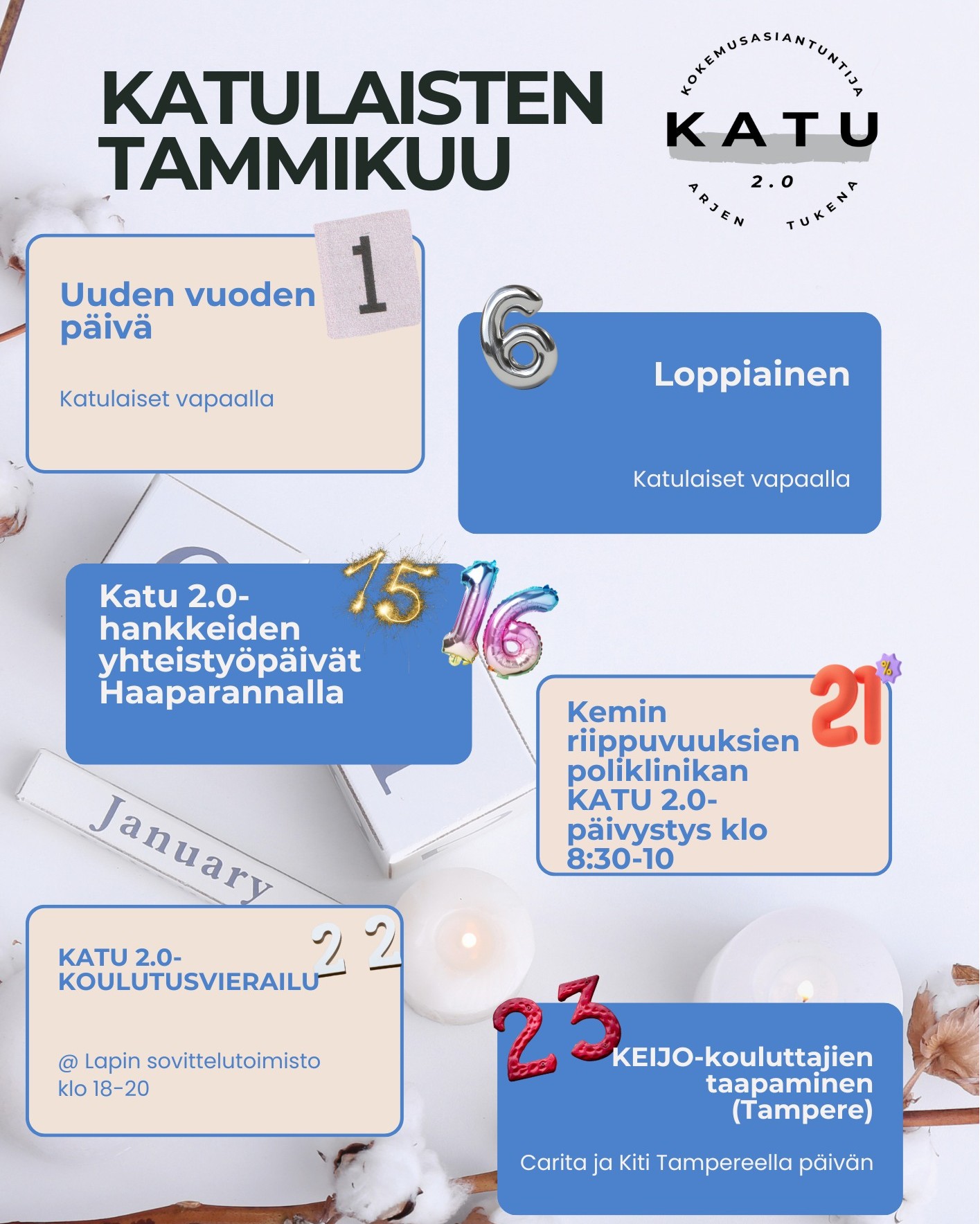 Tässä meidän tammikuun nostot!
❄1.1. me ollaan vapaalla!
❄6.1. myös vapaalla!
❄15.-16.1. me tavataan muita katulaisia Haaparannalla.
❄21.1. Kemissä aloitetaan työparipäivystys Riippuvuuksien polilla klo 8:30-10.
❄22.1. Järjestetään KATU 2.0-koulutus Lapin sovittelutoimistolla heidän vapaaehtoisilleen!
❄23.1. Carita ja Kiti matkustavat Tampereelle moikkaamaan muita KEIJO-kokemusasiantuntijakouluttajia!
Muina päivinä me tehdään meidän perustyötä, eli ollaan asiakkaiden kanssa sekä yhteistyötahojen luona!