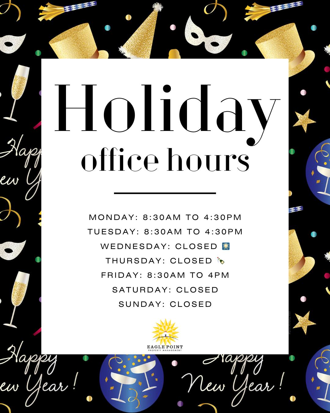 Holiday office / clubhouse hours for the week of 12/29/25 - 1/2/26
#eaglepoint #downtownkutztown #KU #goldenbears #kutztownuniversity #livehowyouwantto #EPPM #December #January #Holidays #NewYear