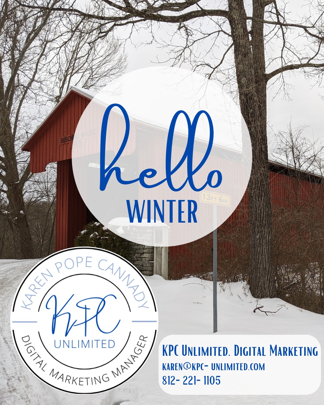 Winter is here, and it’s the perfect time to refresh your brand for the new year! From cozy, seasonal content to updated graphics and promos, KPC Unlimited can help your small business stand out as the leaves change.
Ready to plan your 2026 marketing?
Call/text 812-221-1105
Email karen@kpc-unlimited.com
