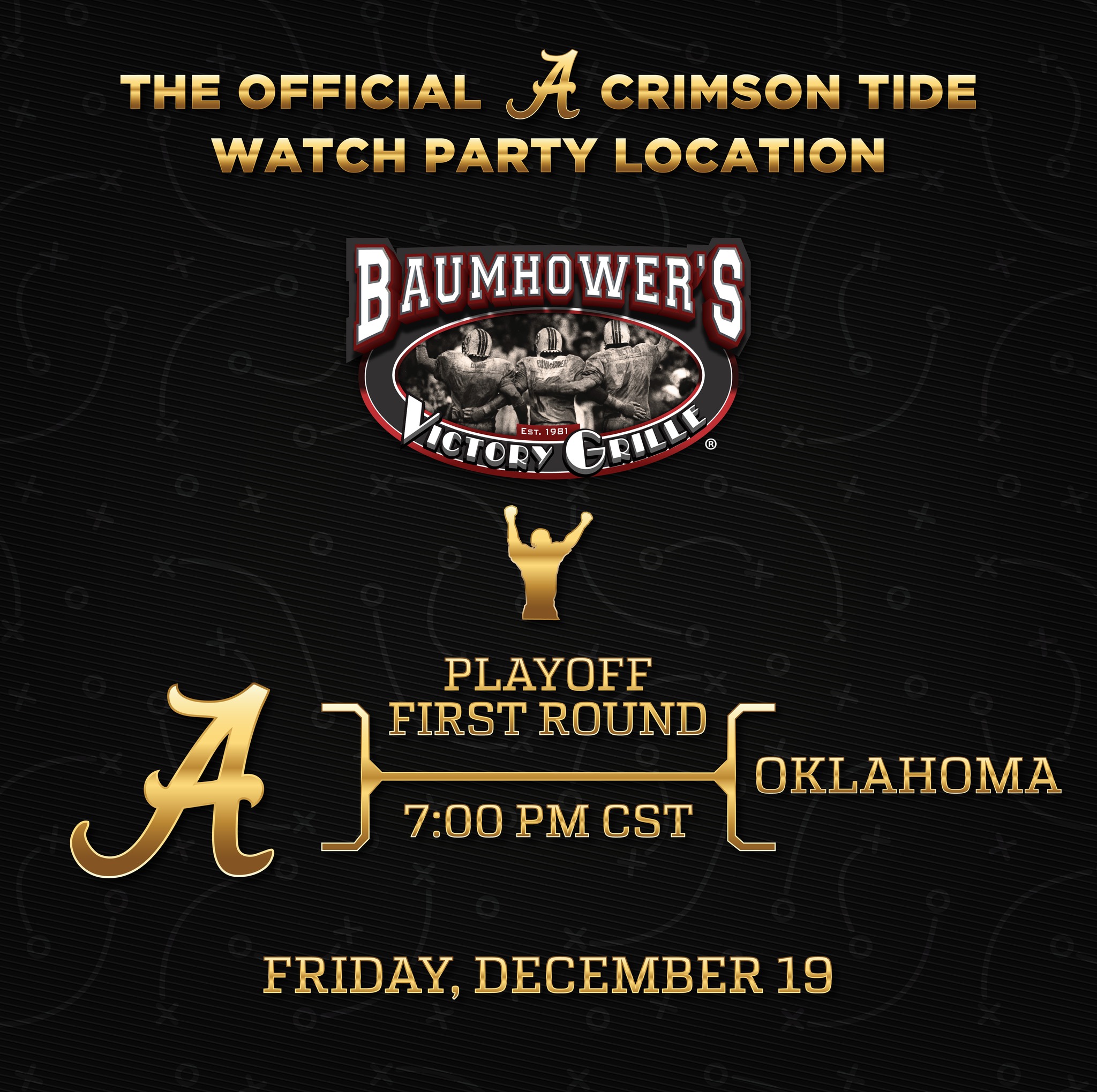 🚨🏈 OFFICIAL PLAYOFF WATCH PARTY 🐘🔥
Let’s pack the house and watch the Crimson Tide take on Oklahoma at your local Baumhower’s! The Official Watch Party Location of Alabama Athletics.
🕖 Friday | 7 PM CST
University of Alabama Athletics @ua_ctsn