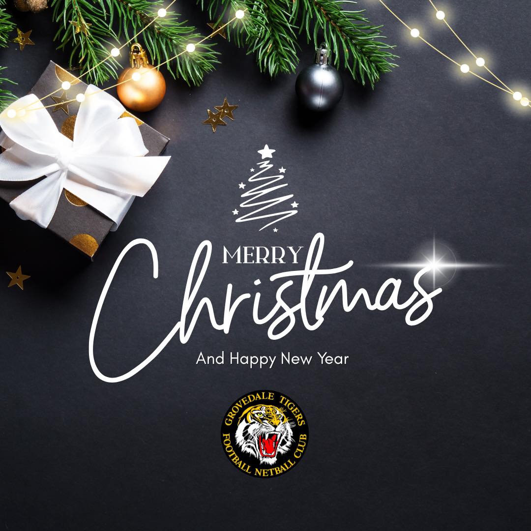 Wishing all our players, coaches, volunteers, members, sponsors and supporters a safe and happy Christmas. Thank you for being part of the Grovedale Tigers Football Netball Club family throughout the year. We look forward to seeing you all refreshed and ready to do it all again in yellow and black in 2026 💛🖤