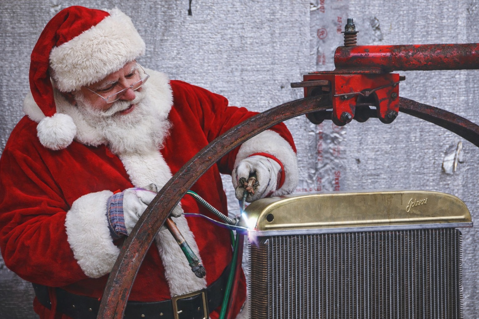 Santa needed to replace the leaky aluminum radiator in his sleigh, and he knew just who to call. He decided to learn himself how the best copper/brass radiator on the market is made. We apologize if there happens to be some grey hairs stuck to your radiator...
Merry Christmas from Johnsons Radiator Works!