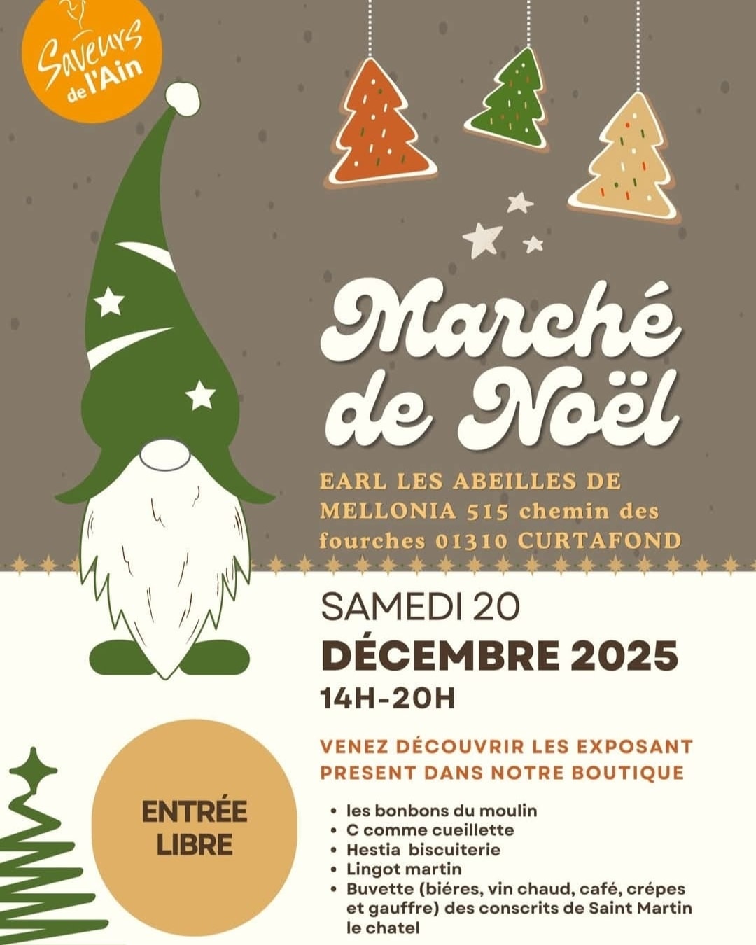 🎄 Marché de Noël chez @les_abeilles_de_mellonia 🍯🐝
À l’approche des fêtes, venez découvrir la magie de Noël lors d'un marché unique !
Nos agriculteurs passionnés vous ouvre leurs stands pour un marché de Noël authentique, gourmand et local.
Miels de terroir, pains d’épices, produits artisanaux et idées cadeaux originales vous attendent pour régaler petits et grands.
Chaque produit est le fruit d’un savoir-faire respectueux et local..
Dans une ambiance chaleureuse et conviviale, partagez un moment unique, échangez avec des agriculteurs #saveursdelain , découvrez leurs métiers et repartez avec des cadeaux naturels, locaux et pleins de sens pour les fêtes
Quand ? : Samedi 20 décembre 2025
Où : 515 chemin des fourches 01310 Curafond