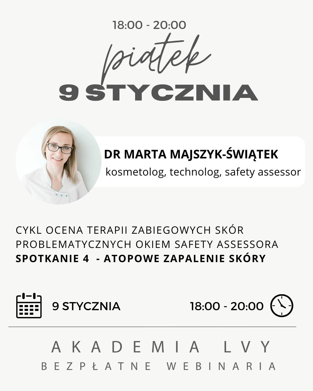 AZS pod lupą specjalisty!
Już 9 stycznia zapraszamy na wyjątkowe spotkanie online z cyklu „Okiem Safety Assessora” – SPOTKANIE 4: Atopowe Zapalenie Skóry (AZS).
To szkolenie jest obowiązkową pozycją dla każdego kosmetologa, który chce świadomie i bezpiecznie pracować ze skórą problematyczną – szczególnie tą najbardziej wymagającą i wrażliwą.
Dlaczego warto dołączyć?
Bo AZS to nie tylko suchość czy świąd. To zaburzenie bariery, proces zapalny, nadwrażliwość, zaburzenia immunologiczne i cały wachlarz czynników, które decydują o skuteczności terapii.
Podczas spotkania spojrzysz na AZS oczami eksperta odpowiedzialnego za bezpieczeństwo formulacji, wskazań zabiegowych i aktywnych składników.
Dowiesz się m.in.:
– jak naprawdę funkcjonuje skóra atopowa i co ją wyprowadza z równowagi,
– jak przeprowadzić profesjonalny, kompletny wywiad,
– jak budować plan terapii gabinetowej, by nie szkodzić,
– jak dobrać pielęgnację domową bezpieczną dla skóry nadreaktywnej,
– jakie nawyki i czynniki stylu życia zaostrzają objawy,
– jak pracować z trudnymi przypadkami.
To szkolenie to praktyczna, precyzyjna wiedza – bez mitów, bez uproszczeń, bez zgadywania.
Sesja Q&A pozwoli Ci skonsultować realne przypadki z gabinetu.
Udział jest bezpłatny
Twoi klienci z AZS zasługują na świadomą, bezpieczną opiekę. My pokażemy Ci, jak ją zaplanować.
@kosmetolog.technolog