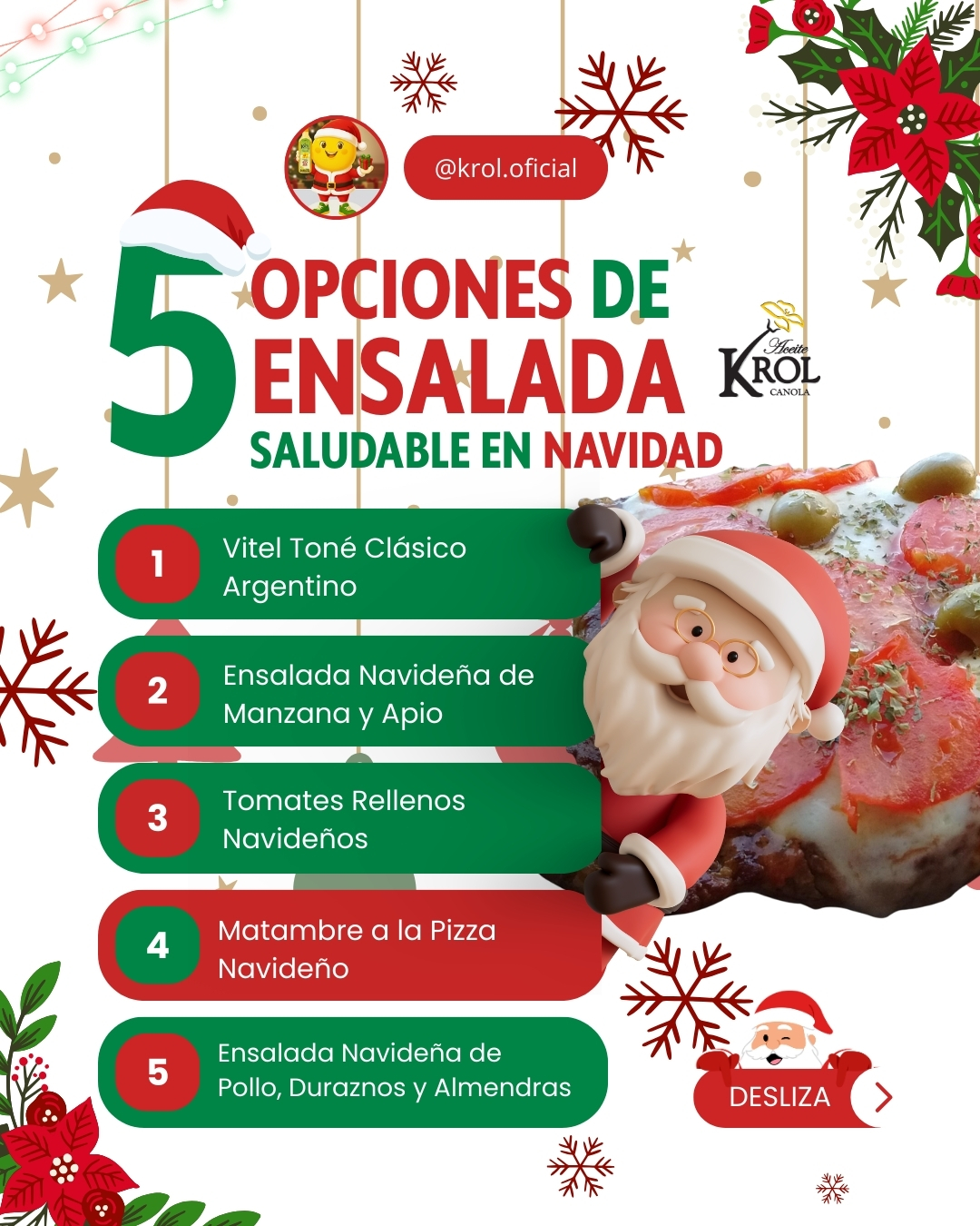 Sabor argentino que no falla en la mesa de Navidad.
En esta cuarta opción, te traemos un clásico que todos aman… pero con un toque especial gracias al Aceite de Canola KROL, perfecto para lograr una cocción pareja y realzar cada ingrediente. 🔥🍅🫒
🔥 Matambre a la Pizza Navideño
Una receta práctica, sabrosa y festiva, ideal para horno o parrilla.
El sabor se potencia con un chorrito de KROL sabor Ajo o Clásico, que ayuda a dorar mejor el matambre y resaltar la mezcla de salsa, mozzarella y condimentos.
❤️ Tip KROL: Su estabilidad al calor lo convierte en la mejor opción para tus preparaciones navideñas.
👉 Deslizá para ver ingredientes, preparación y la versión final.
👉 Guardalo para tu menú de Nochebuena.
👉 ¿Lo vas a probar este finde?
#KROLRecetas #NavidadKROL #AceiteDeCanola #MatambreALaPizza #CocinaNavideña #RecetasArgentinas #Omega369 #CocinaSaludable